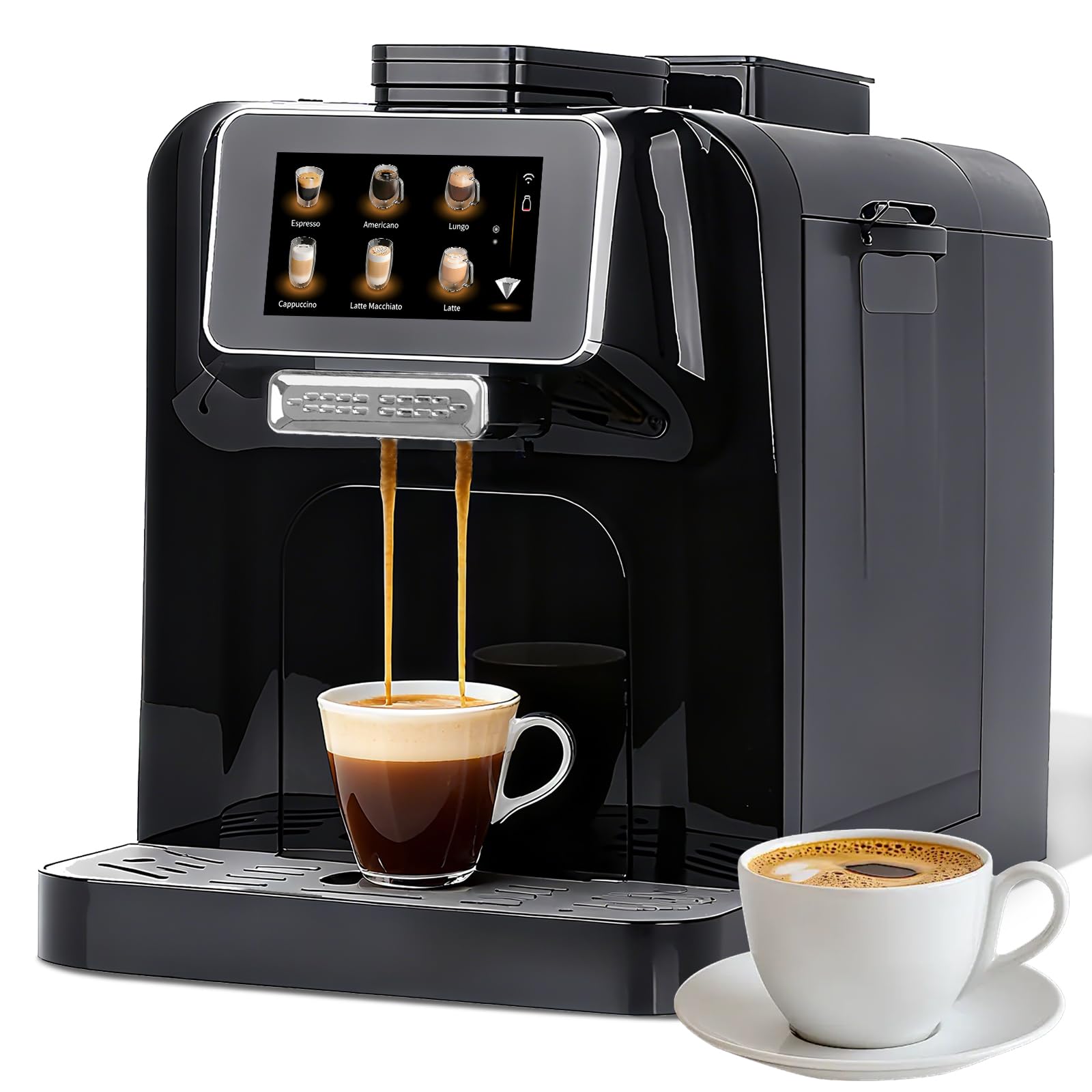 Fully Automatic Espresso Coffee Machine with Milk Cooler 4.3" Touchscreen Dual Heating 11 One Touch Beverages Adjustable Grinder &amp; Milk Frother WiFi Smart Control