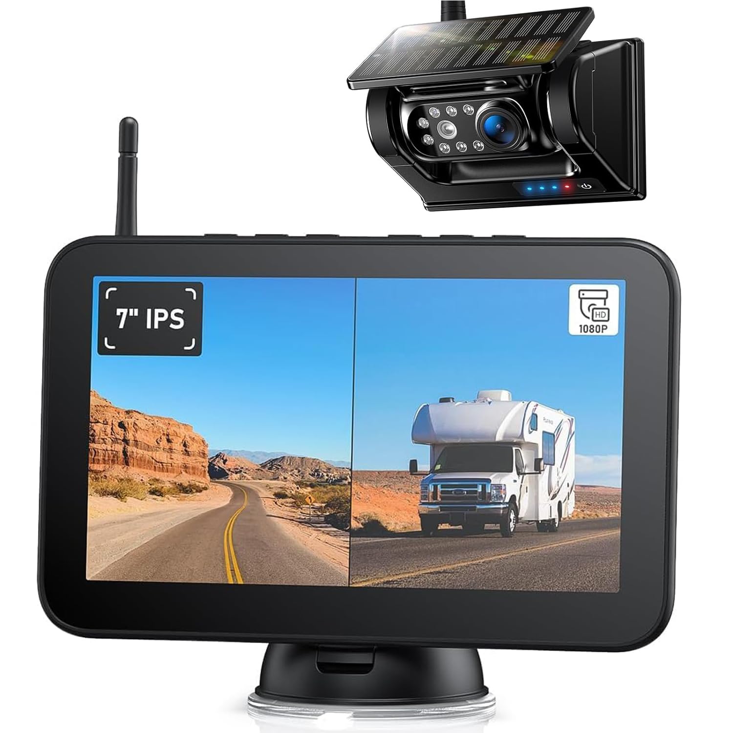 Rückfahrkamera Kabellos Solar 7" 9600mAh Akku 1080P HD Monitor IP69K Wasserdicht für Anhänger Wohnmobile LKWs