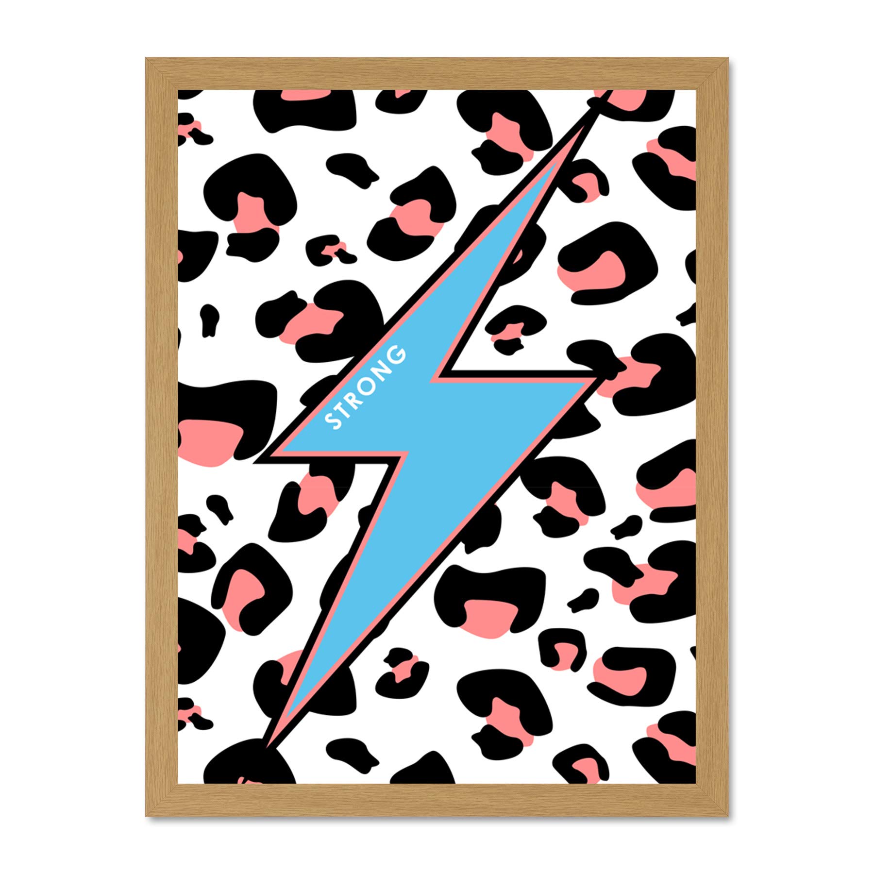 Wee Blue Coo Leopard Coral And Blue Strong Reverse Large Light Oak Framed Art Print Wall Poster 18x24 inch