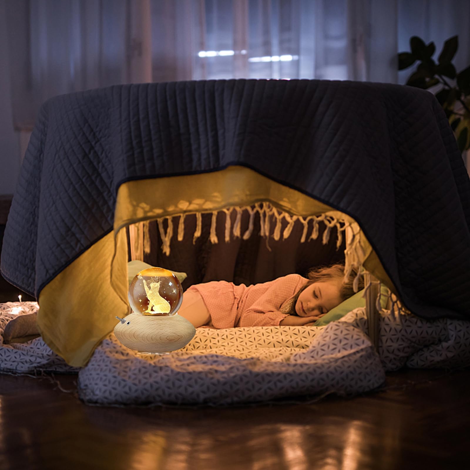 3D Kristallkugel Spieluhr,Katzen Nachtlicht Spieluhr mit Warmem-Projektionsleuchte Holzsockel Rotierende K9 Spieluhren für Weihnachten Geburtstags