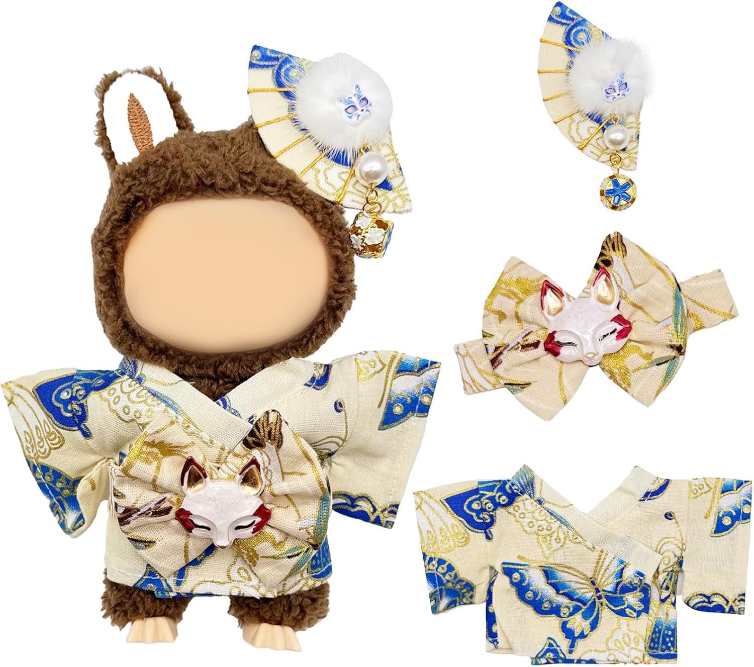 Kawaii Japanese Kimono Outfit for Labubu - New Doll Clothes & Accessories Set (Fan Hairpiece + Fox Belt + Kimono) | Compatible with 15cm/17cm (5.9-6.7 Inch) Dolls - No Doll Included