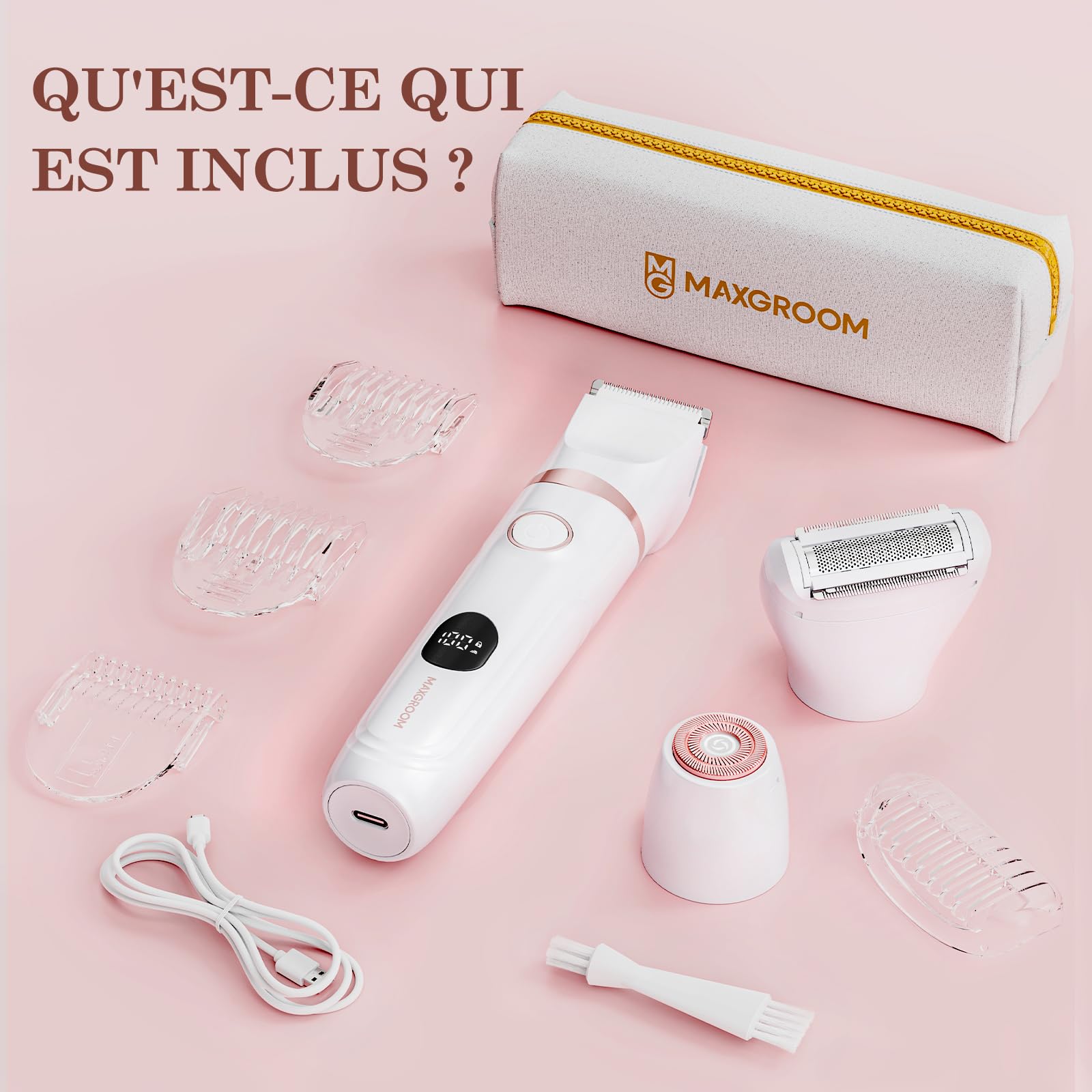 Rasoir Electrique Femme 3-en-1, MAXGROOM Tondeuse Intime Femme Humide/Sec, Rasoir Électrique avec Affichage LED & Lame Céramique, Tondeuse Bikini pour Visage Aisselles Jambes Corps, 90 min d'autonomie
