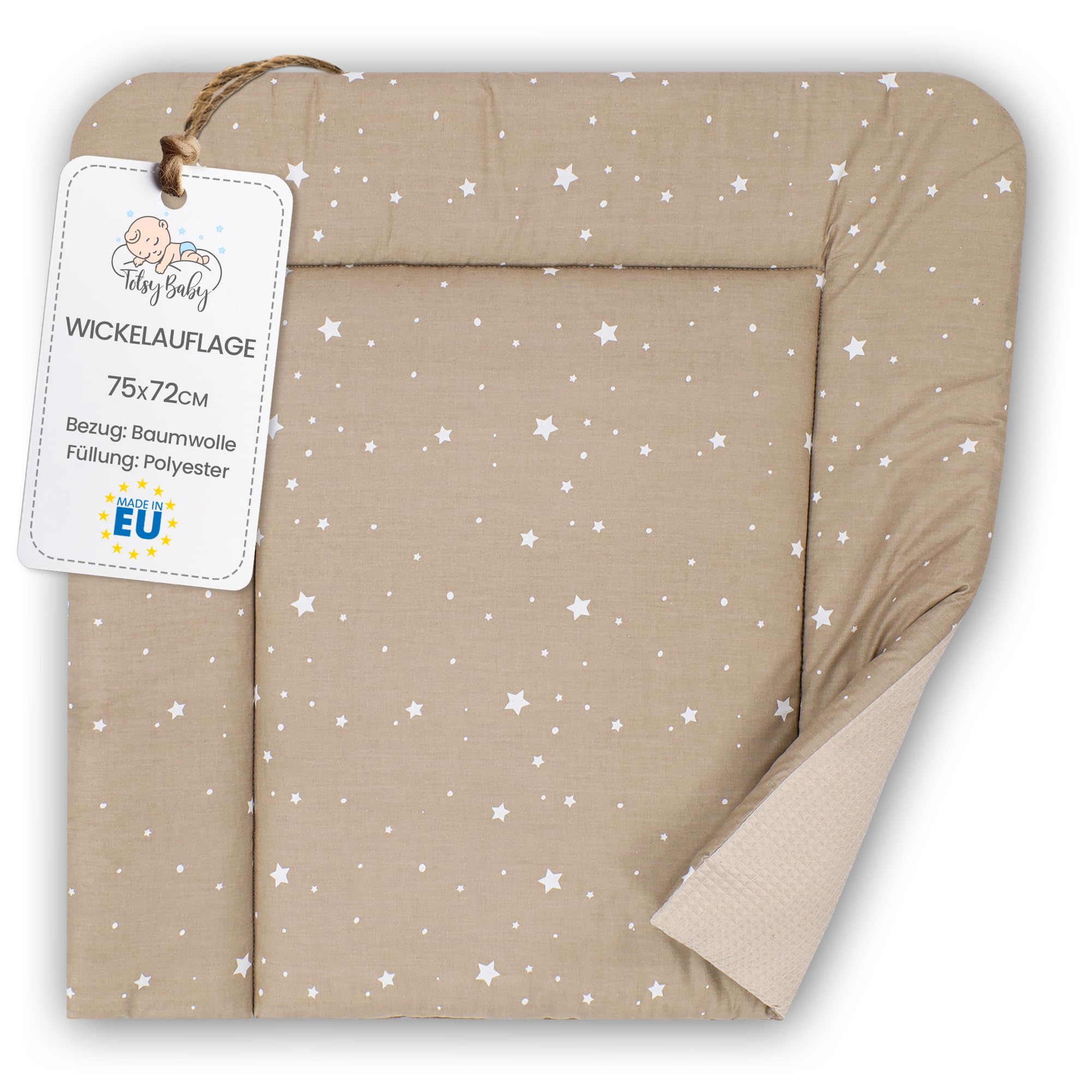 Wickelauflage Wickelunterlage aus Baumwolle 75x72 cm - Weich und waschbar Wickelunterlage für Babys Wickelmatte aus Stoff für Wickeltisch Wickelkommode Waschmaschine Oeko-Tex Beige mit Weiß Sternen