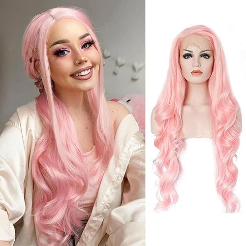 Pastel Pink Lace Front Wigs for Women Soft Pink Long Wavy Handmade Realistic Lace Wig Glueless Synthetic Heat Resistant Fiber Hair Cosplay Makeup 24inches - 24 Inch - Pastel Pink 1