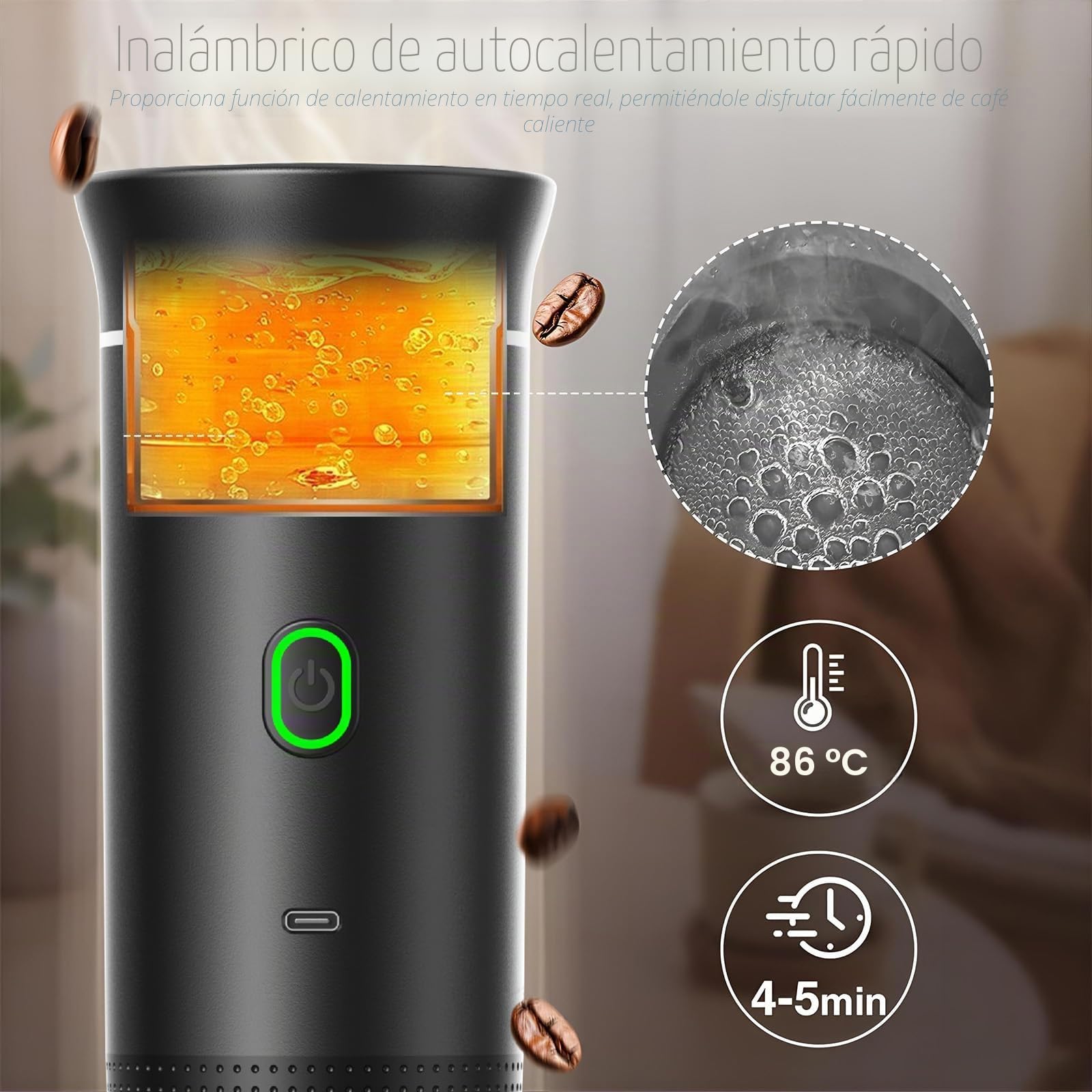 VHV Cafetera Portatil, Cafetera Portátil Cápsula de Espresso 3 en 1, Autocalentamiento de 2a6 Minutos, Para Cápsulas Pequeñas o Grandes y Café Molido,Cafetera Portátil para Oficina y Hogar (Blanco)