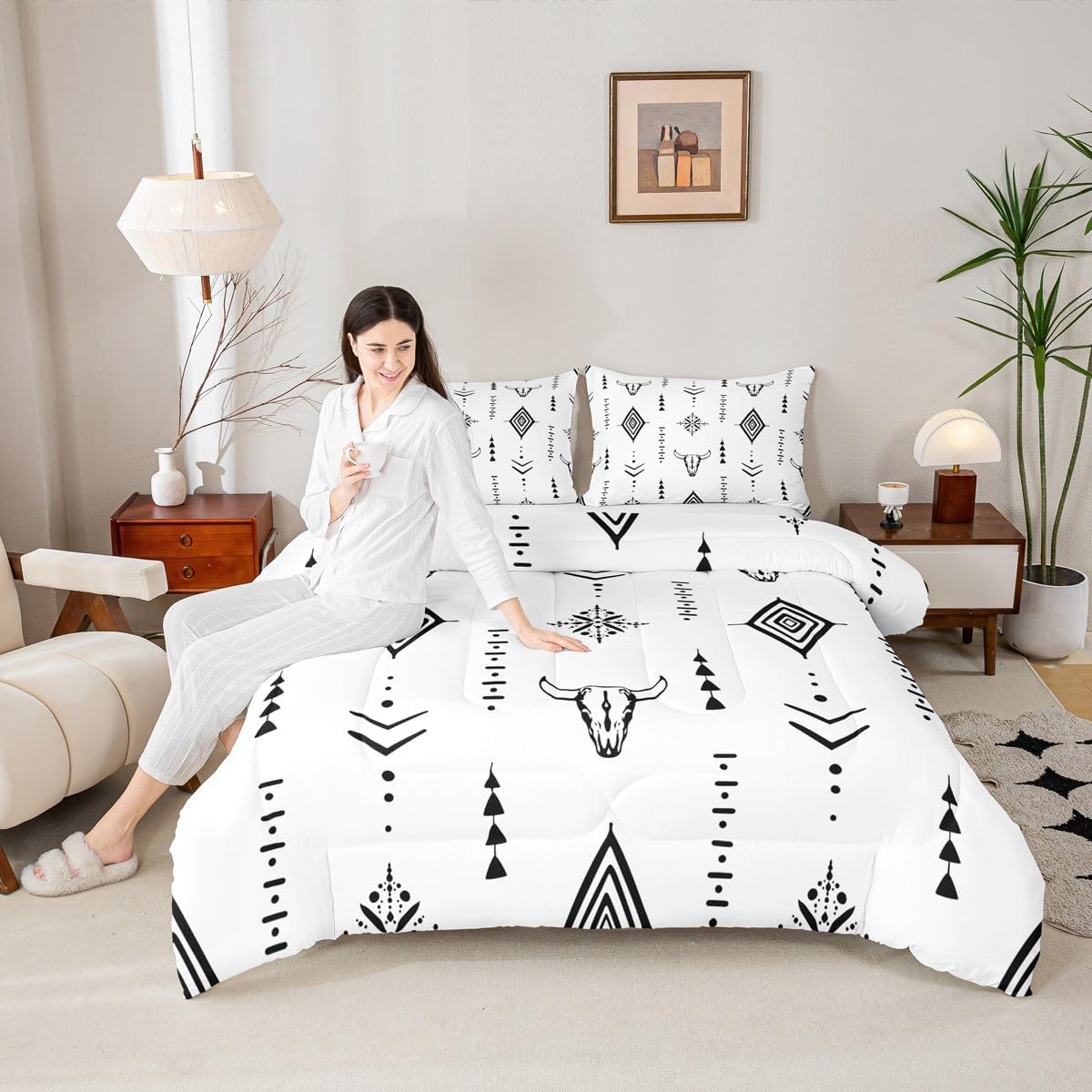 Erosebridal Western Bull Skull Comforter Set King Size Boho Aztec Bedding Set for Adults Men Boys Ethnic Cow Tribal Comforter Geometric Black and White Quilt Abstract Minimalist Ethnic Bedroom Decor