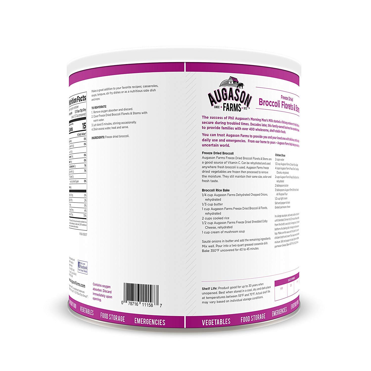 Freeze Dried Broccoli Florets and Stems Emergency Food Supply, 34 Servings, 30 Year Shelf Life, Good Source of Vitamin C - Dehydrated Meals, Survival Food Camping Essentials Can