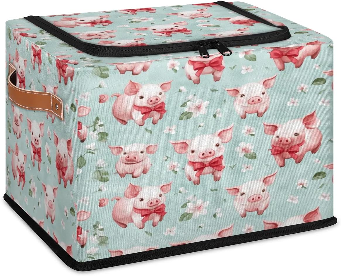 Cute Flower Pig Storage Box with Lid and Handles Foldable Cloth Storage Basket Bin Bags for Shelves Closet Shelf Toys Clothes Bed Sheets Organizer 2 Pack