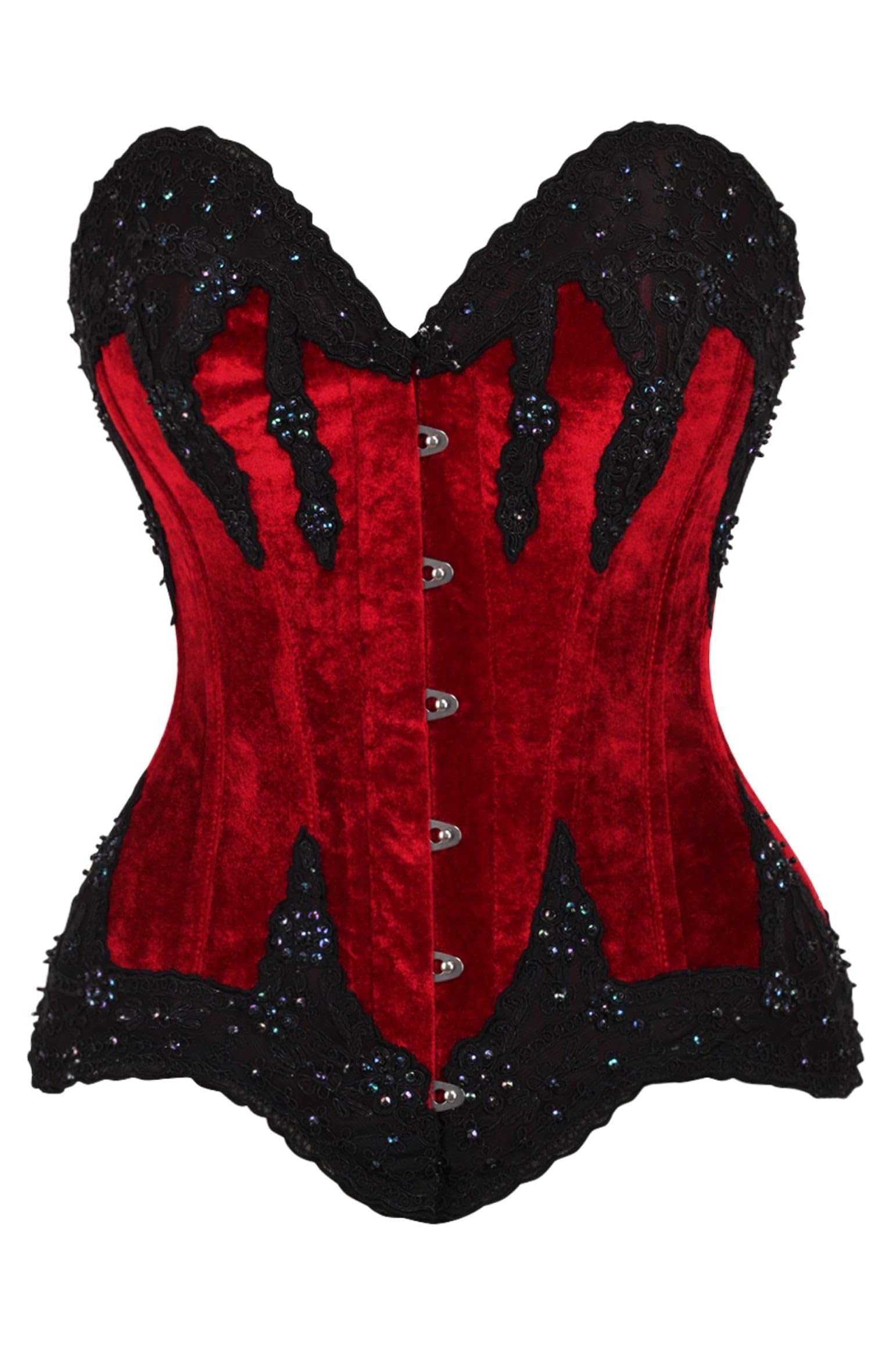 Daisy corsets Womens Top Drawer Dark Red Velvet & Beaded Steel Boned Overbust Corset, Red, Large