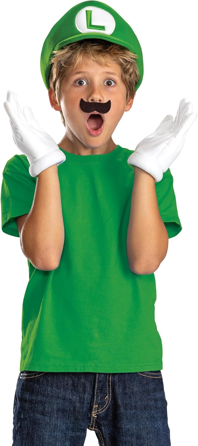 Disguise Luigi Child Costume Accessory Kit, Official Nintendo Luigi Costume Hat with Gloves and Mustache, One Size Child