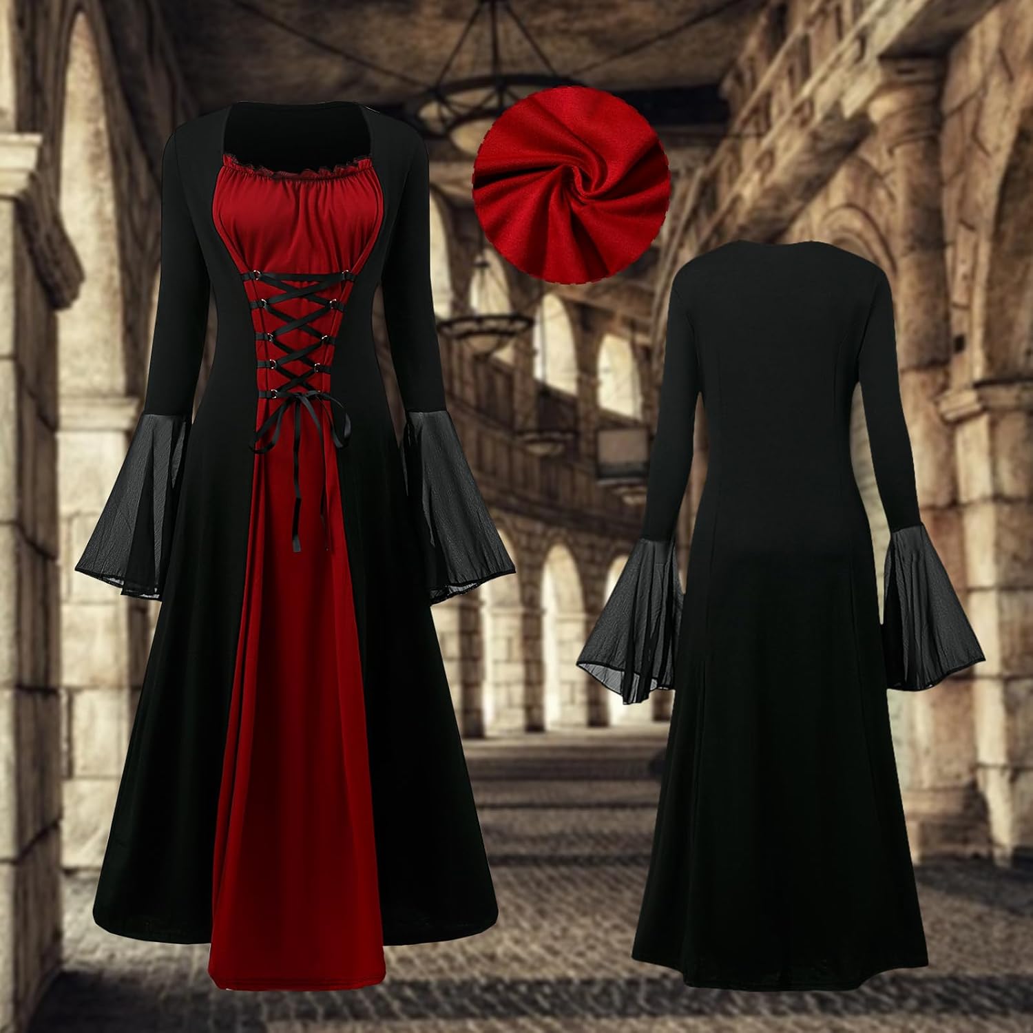 Renaissance Costume for Women,Medieval Dress with Trumpet Sleeves,Vampire Witch Gothic Dress for Halloween - Image 3