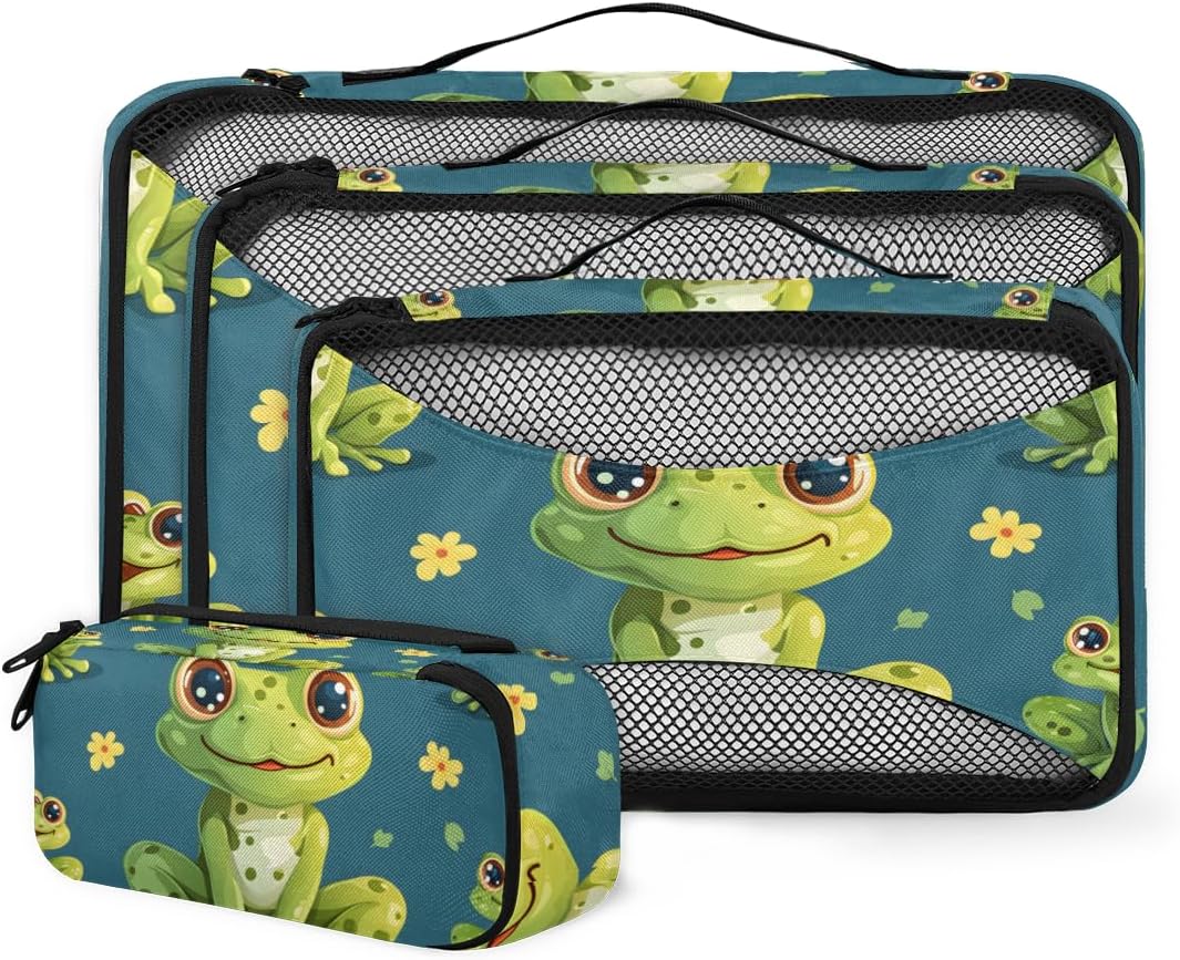Green Frog Flower 4 Set Packing Cubes Packing Cubes for Women Lightweight Travel Essential Bag Clothes Carry on Suitcase Bags for Accessories Essentials