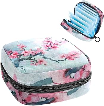 Period Bags for School, Sanitary Napkin Storage Bag for Feminine Pads, Pink Beautiful Cherry Flower Blossom Ladies Menstrual Cup Pouch Sanitary Pads Organizer