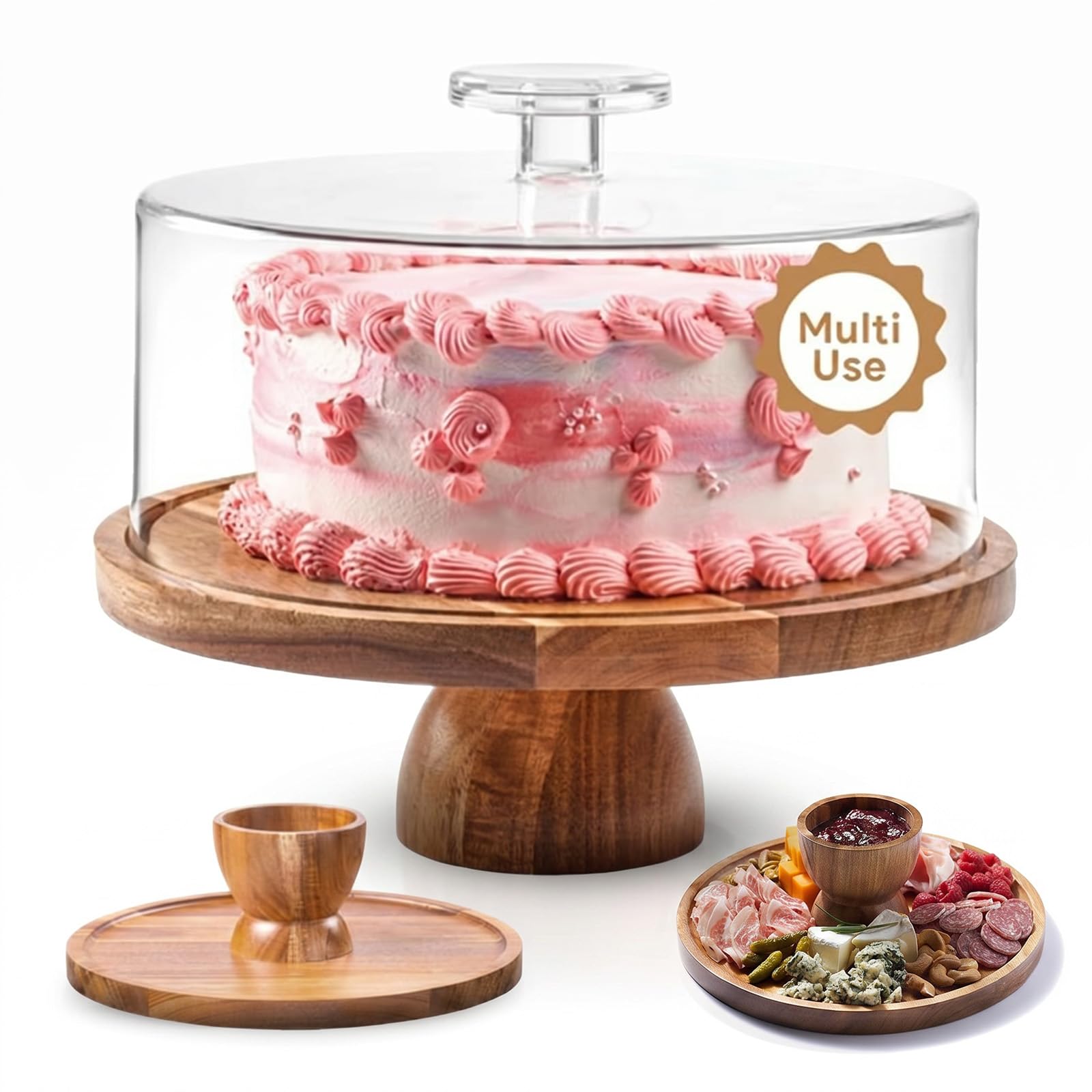 Présentoir à gâteau 2 en 1 en bois de 30,5 cm avec couvercle