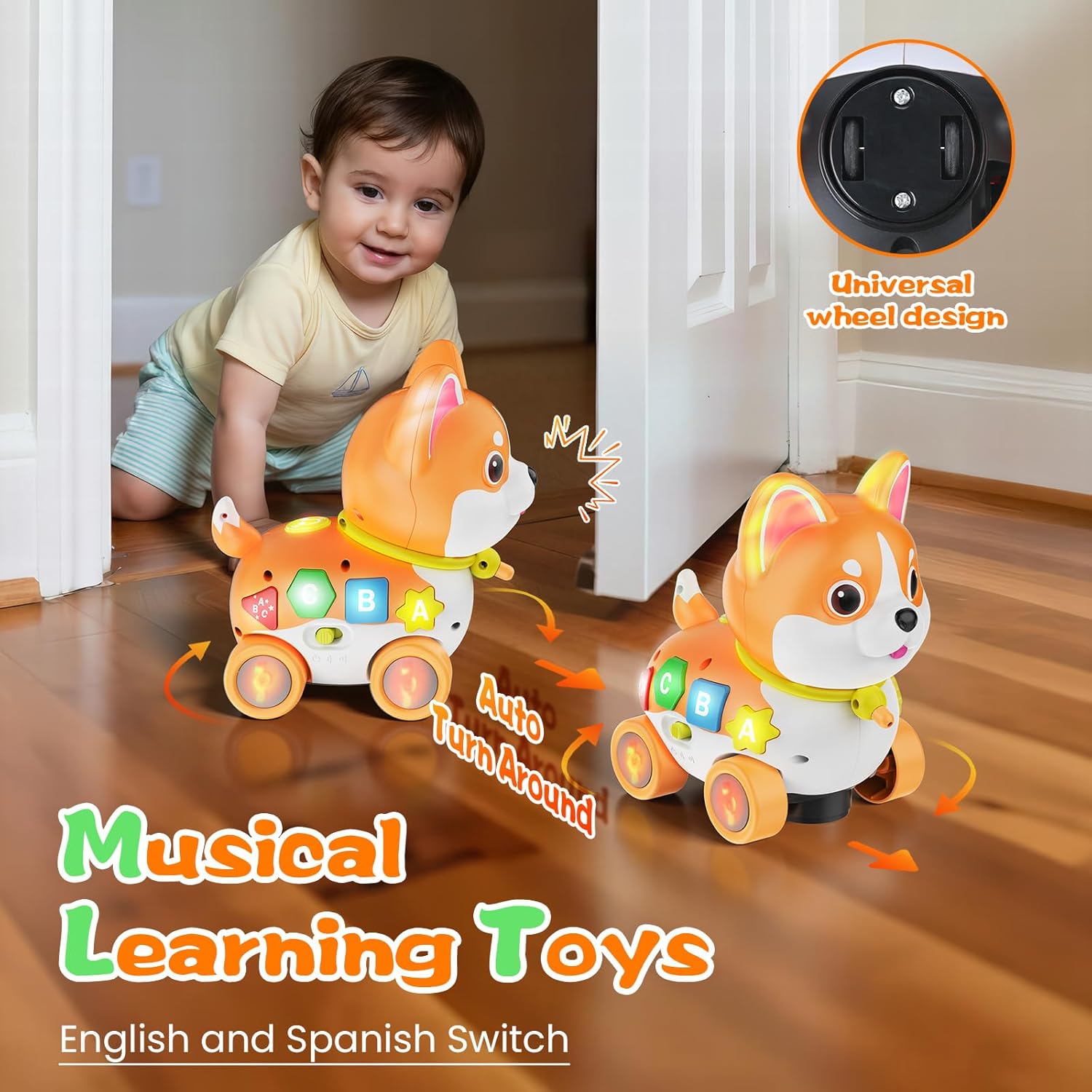 Musical Baby Toys 6-12 Month, Crawling Puppy for 1 Year Old Boy Girl Gift, Infant Educational Learning Toys for Toddlers 1-3, 1st Birthday (Orange)