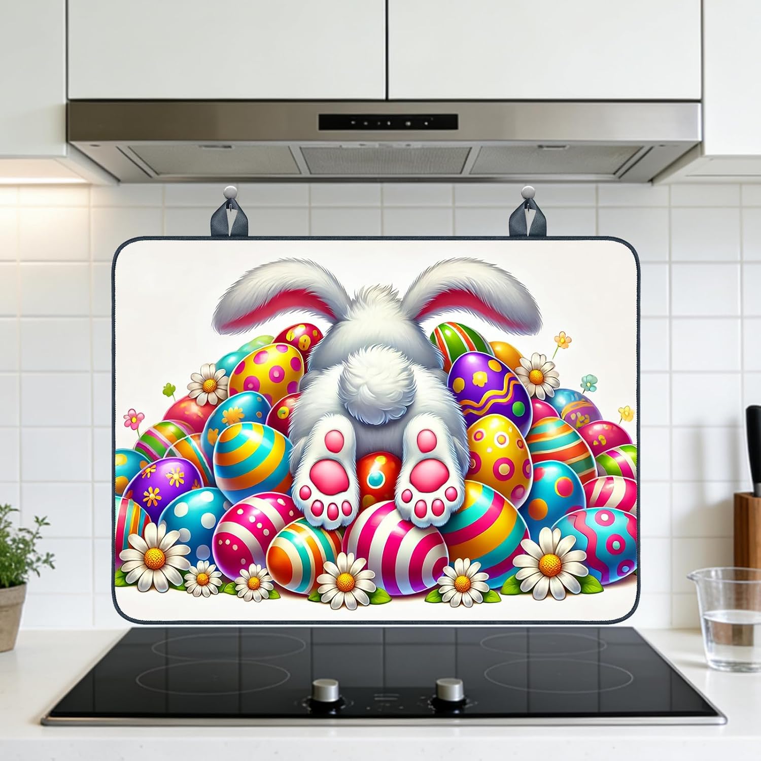 Nuxovilar Stove Top Cover Glass Stove Top Cover Protector Rabbit Butt Colorful Egg Pattern Polyester Diatomaceous Earth 28.65x20.47Inch Kitchen Countertop Household Decoration
