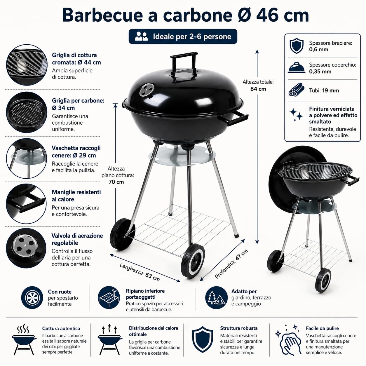 Barbecue con Coperchio a Carbone Rotondo Ø 46 cm – Griglia BBQ Kettle con Ruote, Valvola Aerazione e Vaschetta Cenere – Ideale per 2-6 Persone – Giardino, Terrazzo e Campeggio