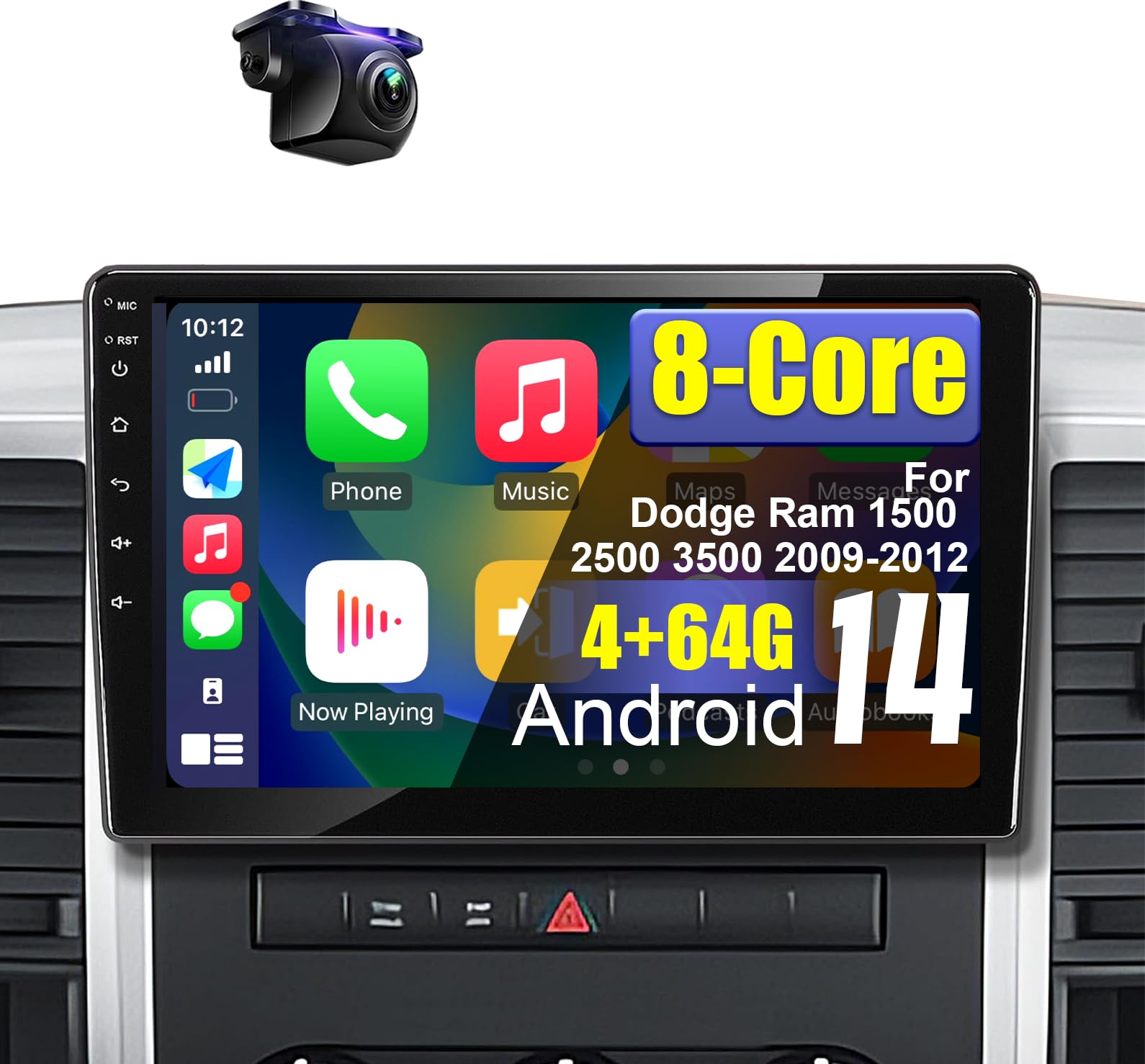 4+64G 8 Core Car Stereo for Dodge Ram 1500 2500 3500 2009-2012 with Wireless Carplay Android Auto, 10‘’ HD Touchscreen Android 14 Car Radio with Backup Camera Bluetooth AM/FM/RDS/SWC
