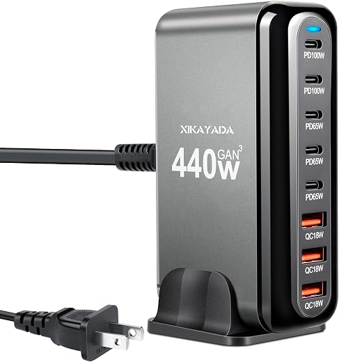 USB C Charger 440W PD GaN Fast Charger Block 8-Port Fast Charging Station AC Adapter Compatible with MacBook Pro/Air, Chro...