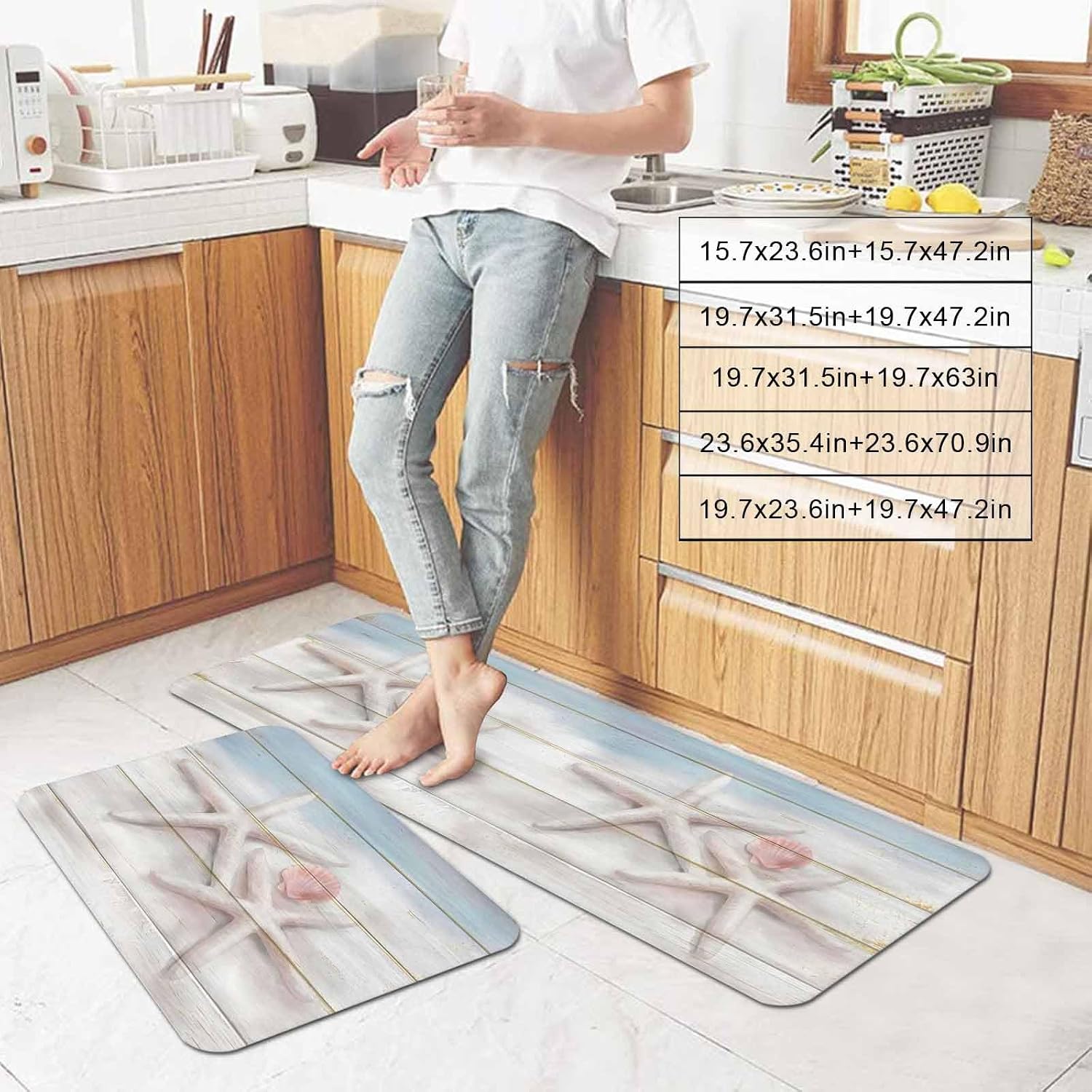 Prime Leader Starfish Shell Kitchen Mat Set 2 Pieces Summer Ocean Beach Coastal Wood Grain Non Slip Kitchen Rugs Washable Runner Rug Mats for Sink Laundry (23.6" x 35.4"+23.6" x 70.9")