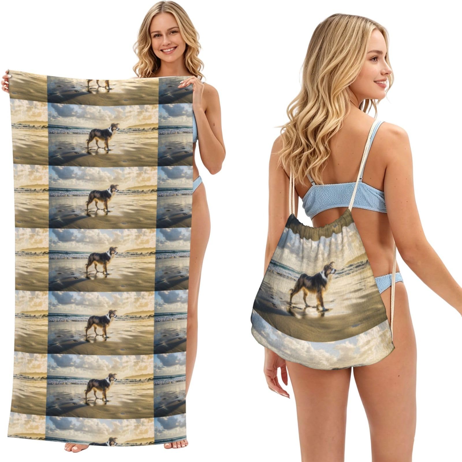 Poadnly As Picture Border Collie Sea Sky Dog, 2 In 1 Packable Towel Bag, Beach Towels With Drawstring Backpack For Travel Holiday Camping