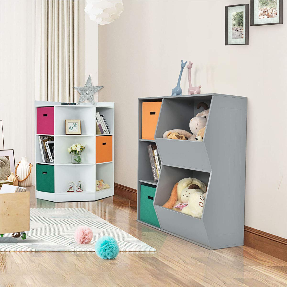 COSTWAY Bücherregal Kinder, 3-stöckiges Kinderregal mit 3 Boxen & 9 Fächern, Spielzeugregal Aufbewahrungsregal aus Holz für Kinderzimmer Schlafzimmer, 81 x 61 x 94cm (Weiß, 9 Fächer)