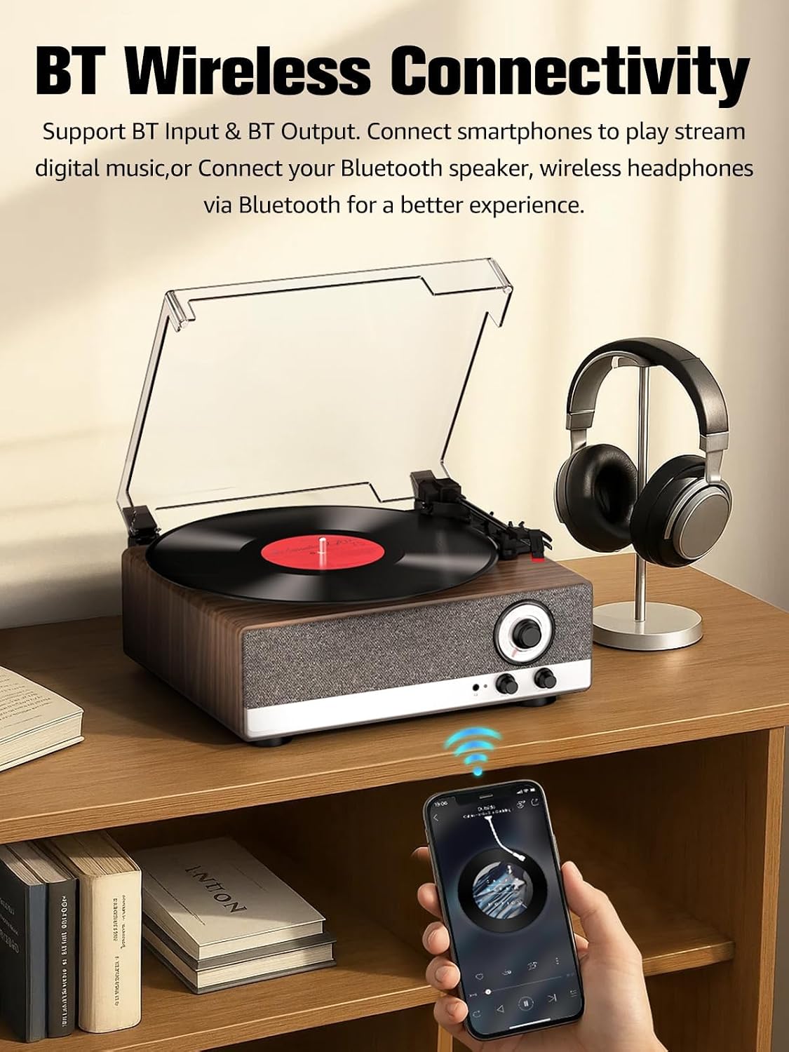 7-in-1 Vinyl Record Player with Built-in Speakers Bluetooth in & Out Belt Drive 3-Speed Turntables for Vinyl Records Support AM/FM Radio, Pitch Control & RCA Line Out & Auto Stop, Walnut