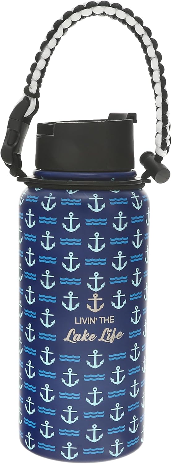 Pavilion Gift Company - Livin' The Lake Life - 32 oz Stainless Steel Travel On The Go Water Bottle Coffee Thermal With Survival Rope Handle - Cottage Lake Lover Gift Present - 12 Hrs Cold & 6 Hrs Hot