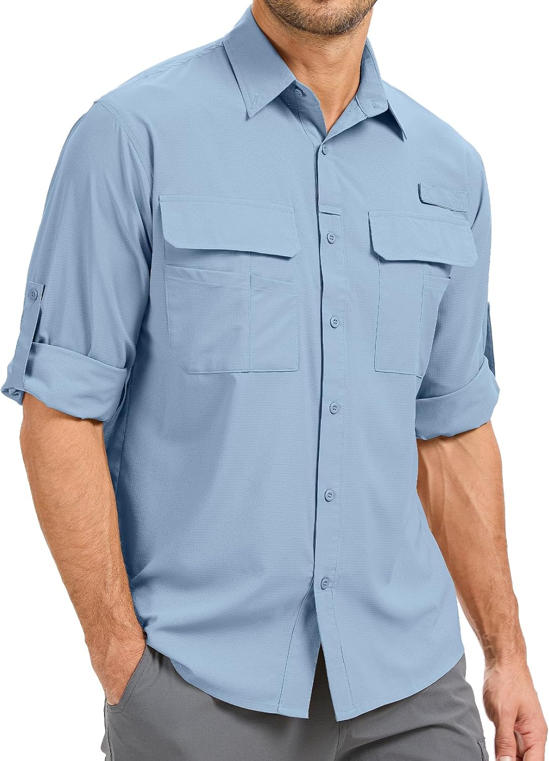 mixtiq Men’s Long Sleeve Fishing Shirts Sun Protection UPF 50 UV Quick Dry Cooling Button Up Shirts for Safari Hiking Camping