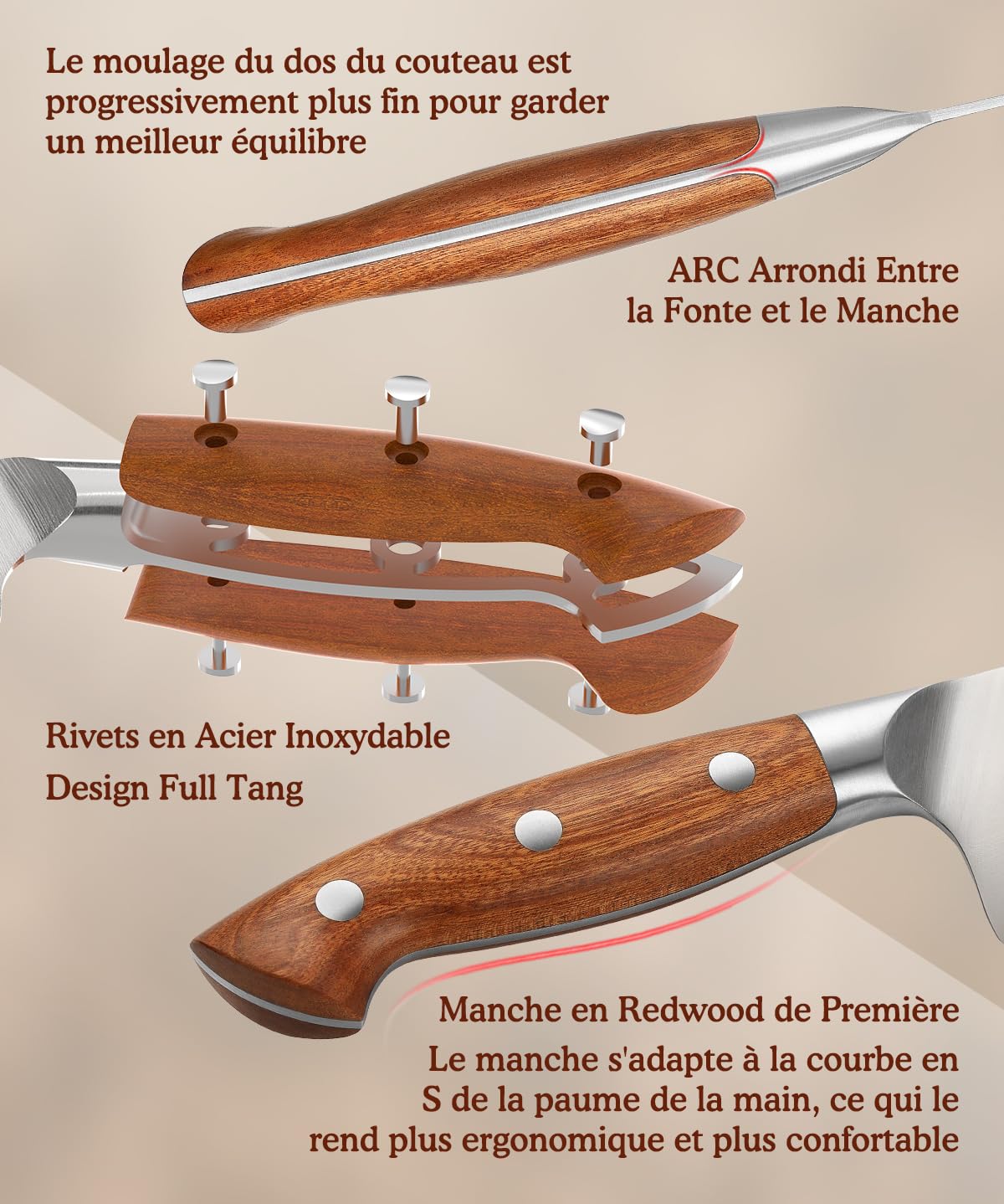 HEZHEN Blocs Couteaux Ensembles de Couteaux de Chef, Set de Couteaux de Cuisine avec Bloc de Couteaux en Bois D'Acacia, Ciseaux de Cuisine en Acier Inoxydable, Avec Fusil à Aiguiser