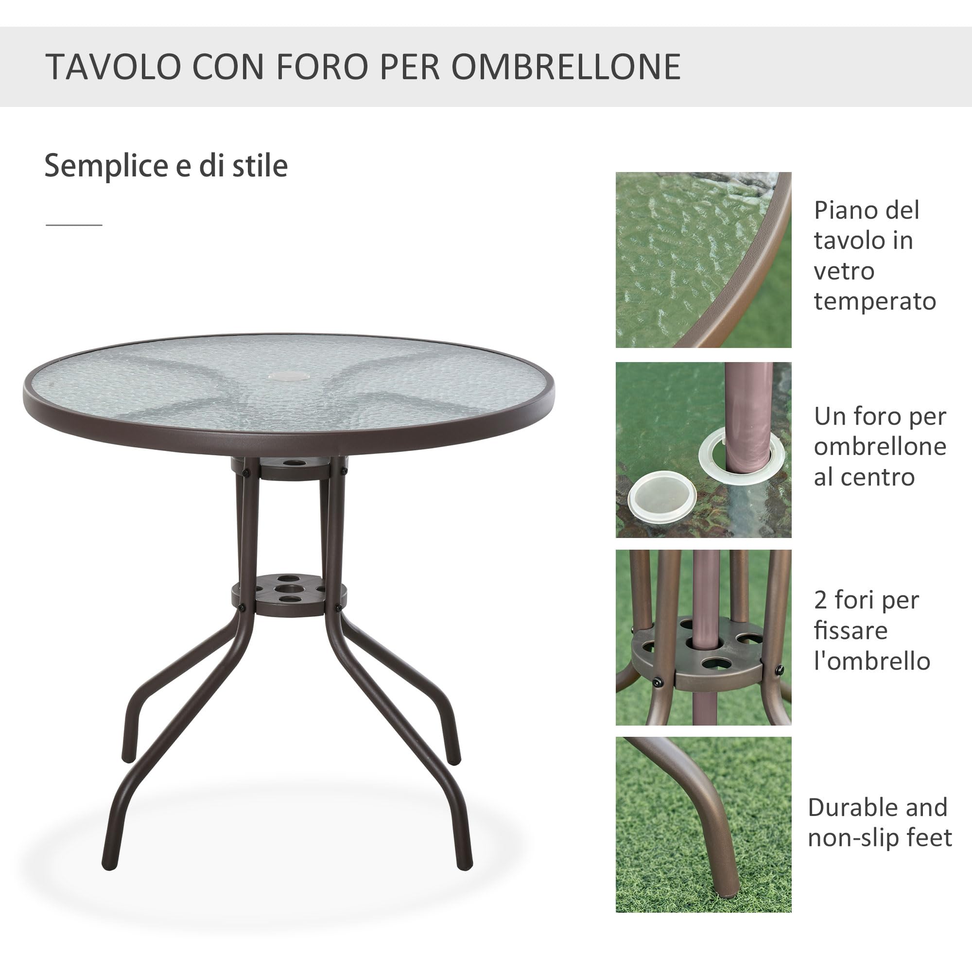 Outsunny 6 pz Set Mobili da Giardino in Tubi d'Acciaio, Tavolo da Giardino con Sedie e Ombrellone, Crema