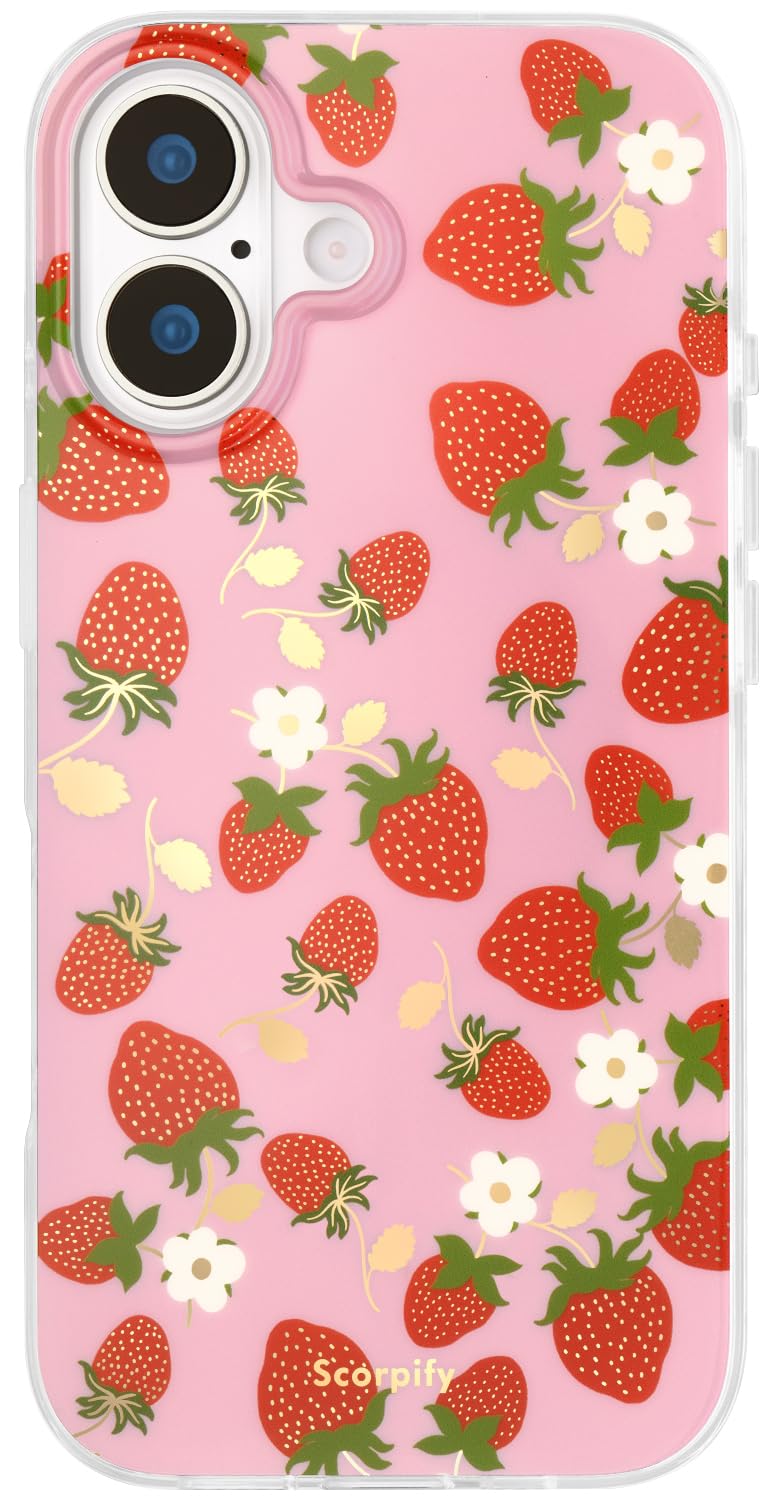 SCORPIFY for iPhone 17 Case [Compatible with MagSafe] with Strawberry Party Fruit Design, Cute Floral Magnetic Phone Cover for Women Girls, Pink Slim Flower Bumper with Gold Accents