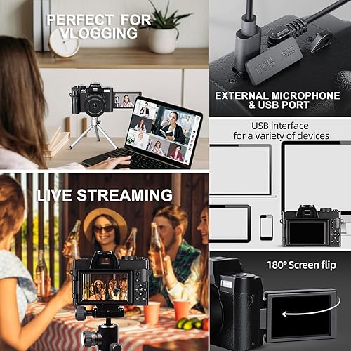 Miniatura 3 de Cámara digital para fotografía y video, cámara de vlogging 4K 48MP para YouTube con pantalla abatible de 180, zoom digital 16X, 2 baterías, tarjeta