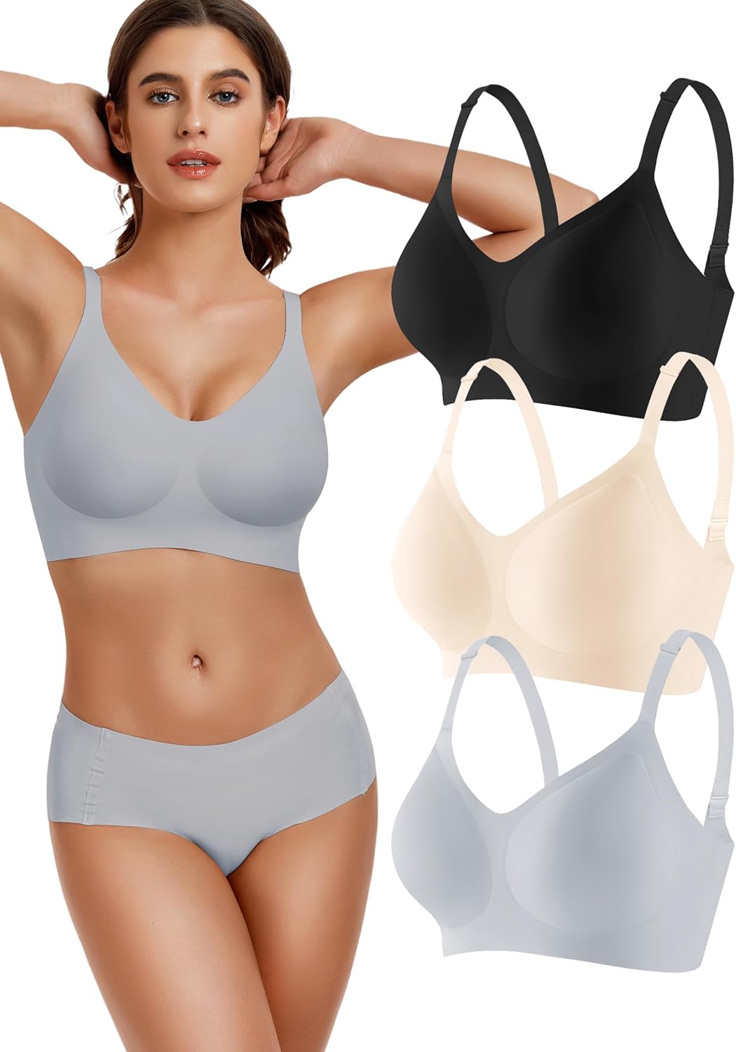 3-Pack Wireless Womens Bras No Underwire Seamless Jelly Bra Light Support Pullover Bralette Ultra Comfort Tshirt Bra