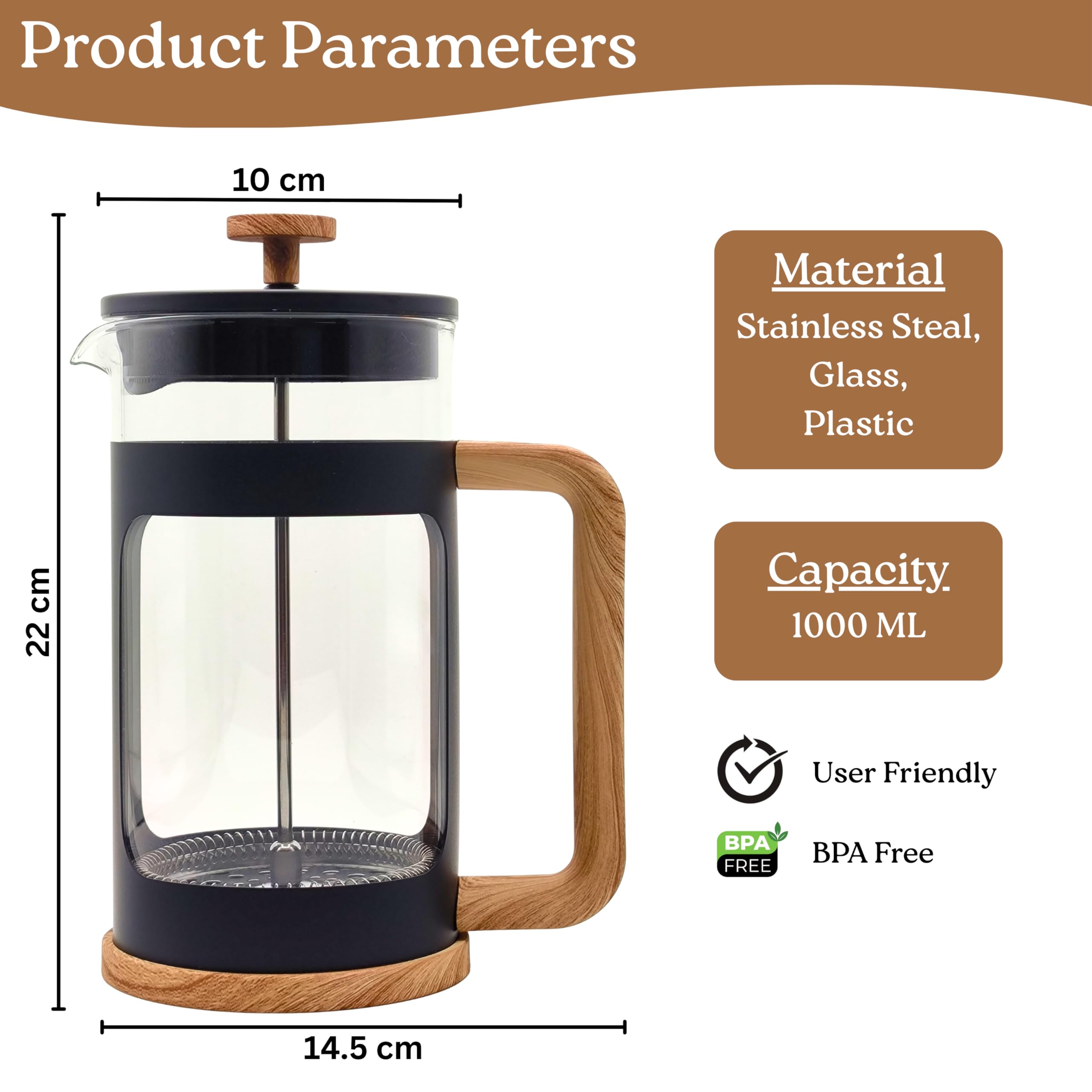 Generisch French Press 1L – Kaffeebereiter aus hitzebeständigem Glas, Edelstahlfilter (feinmaschig), mattschwarz, Griff in Holzoptik, bis zu 4 Tassen (à 250 ml)