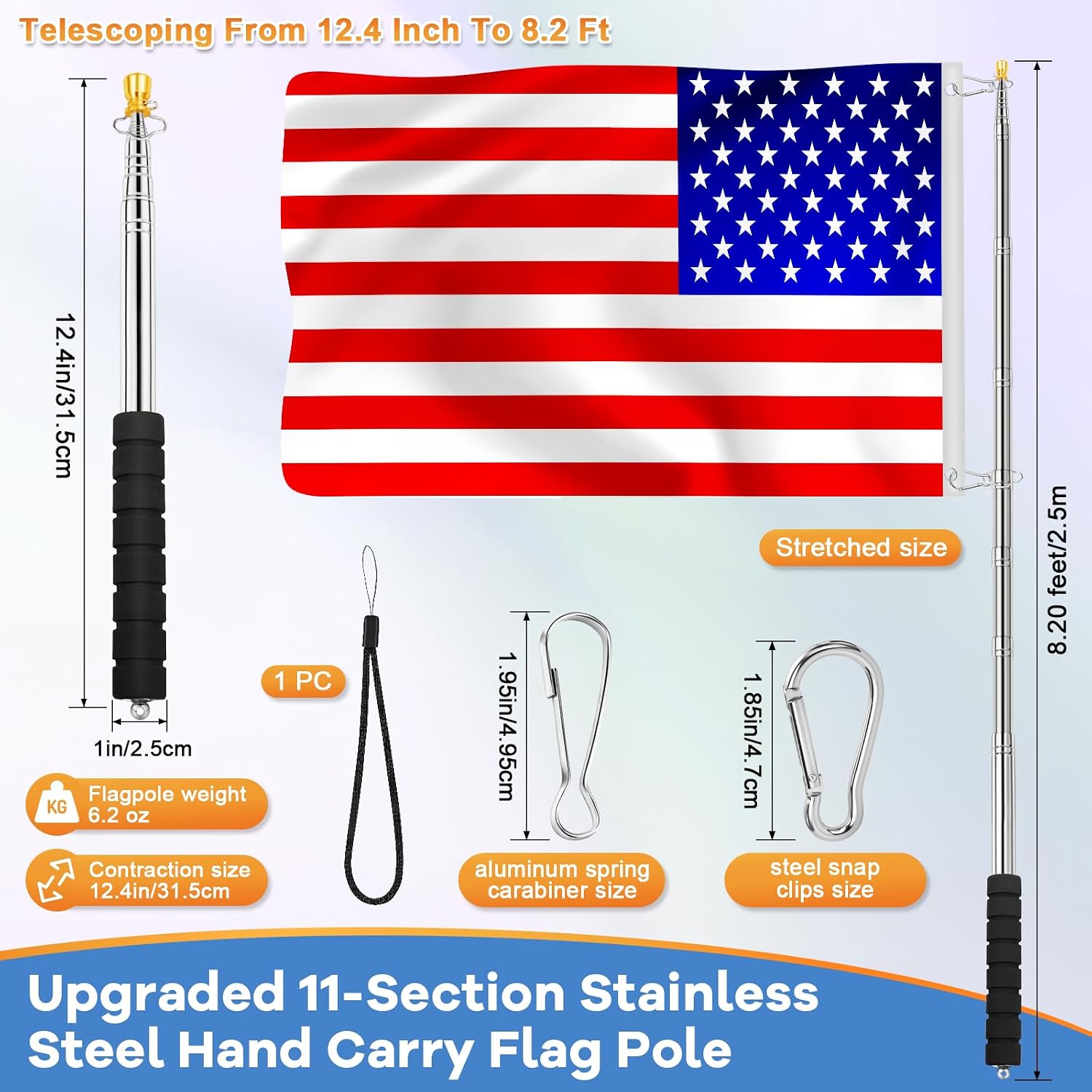 Portable Handheld Flag Pole for Carrying, 8.2Ft/2.5M Stainless Steel Telescopic Tour Guide Flagpole, Extendable Telescoping Hand Held Carry Flagpoles for 3x5 4x6 Flags with 4 Pcs Clips (Black)