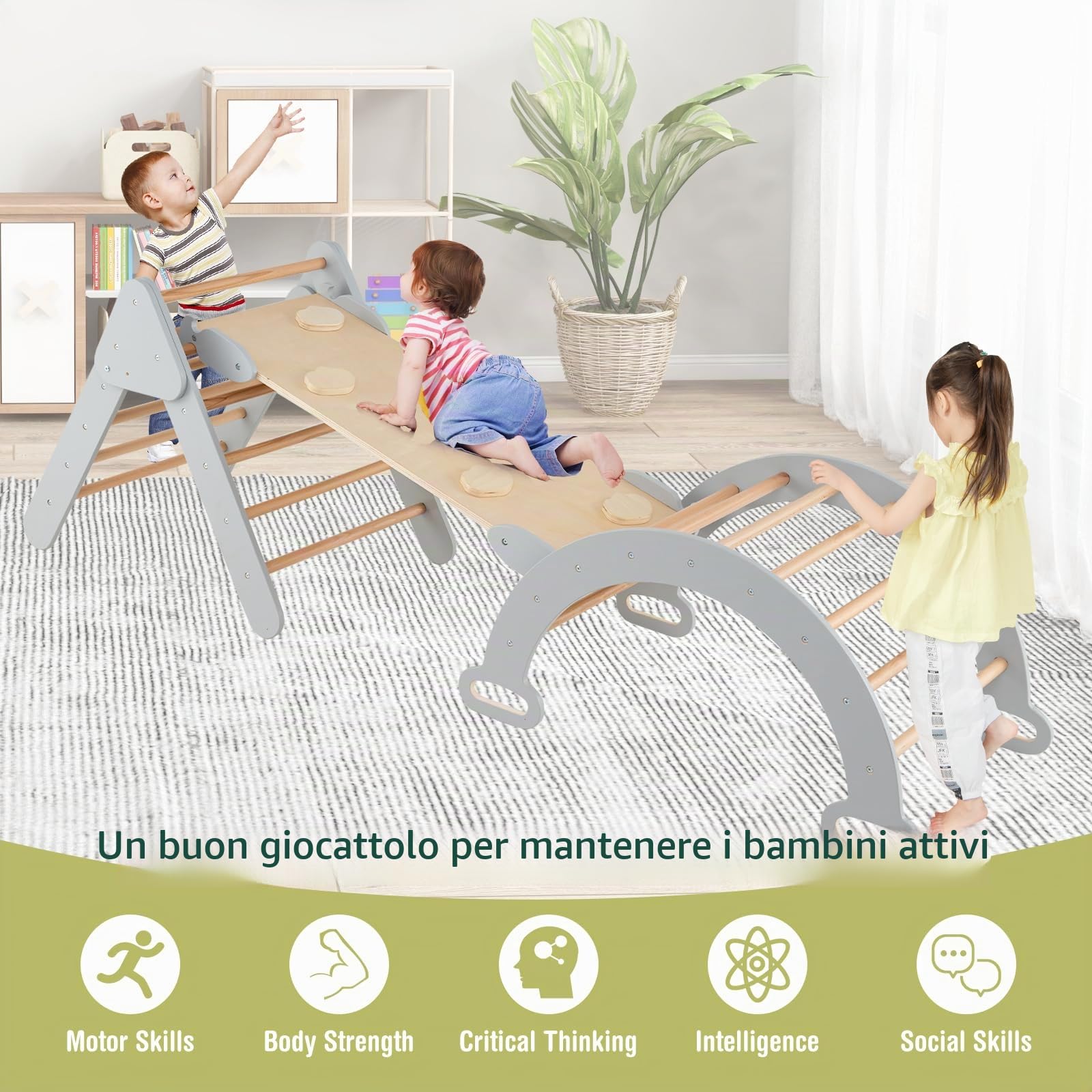 HOMASIS 3 in 1 Triangolo di Arrampicata Multiuso per Bambini, Giocattoli con Scivolo Rampa Arco, Set di Arrampicata per Asilo Nido, Parco Educativo per Bambini di 1+ Anno (Grigio)