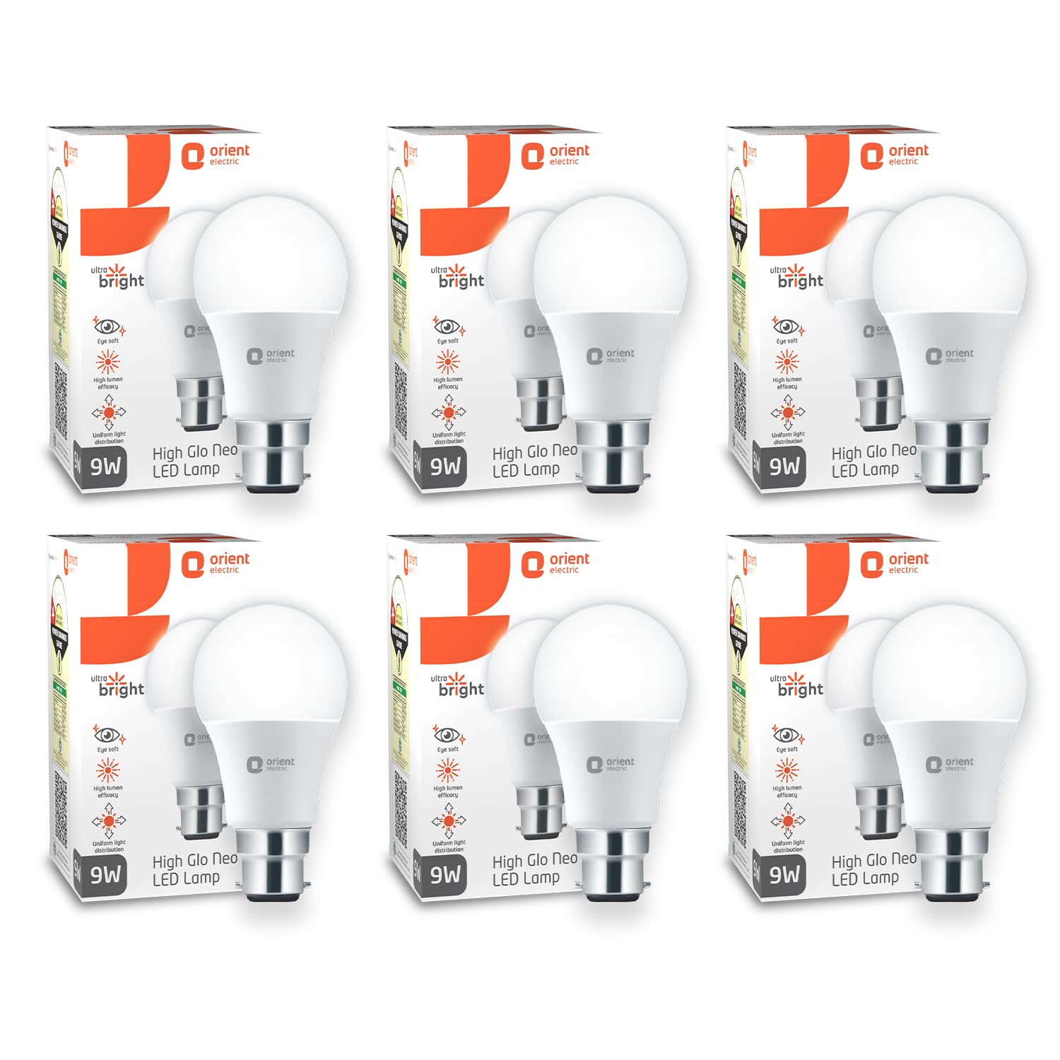 Orient Electric 9W High Glow LED bulb| 180-degree wide beam angle| Voltage surge protection up to 4 kV| 6500K, Cool White| B22d base| Made in India| Pack of 6