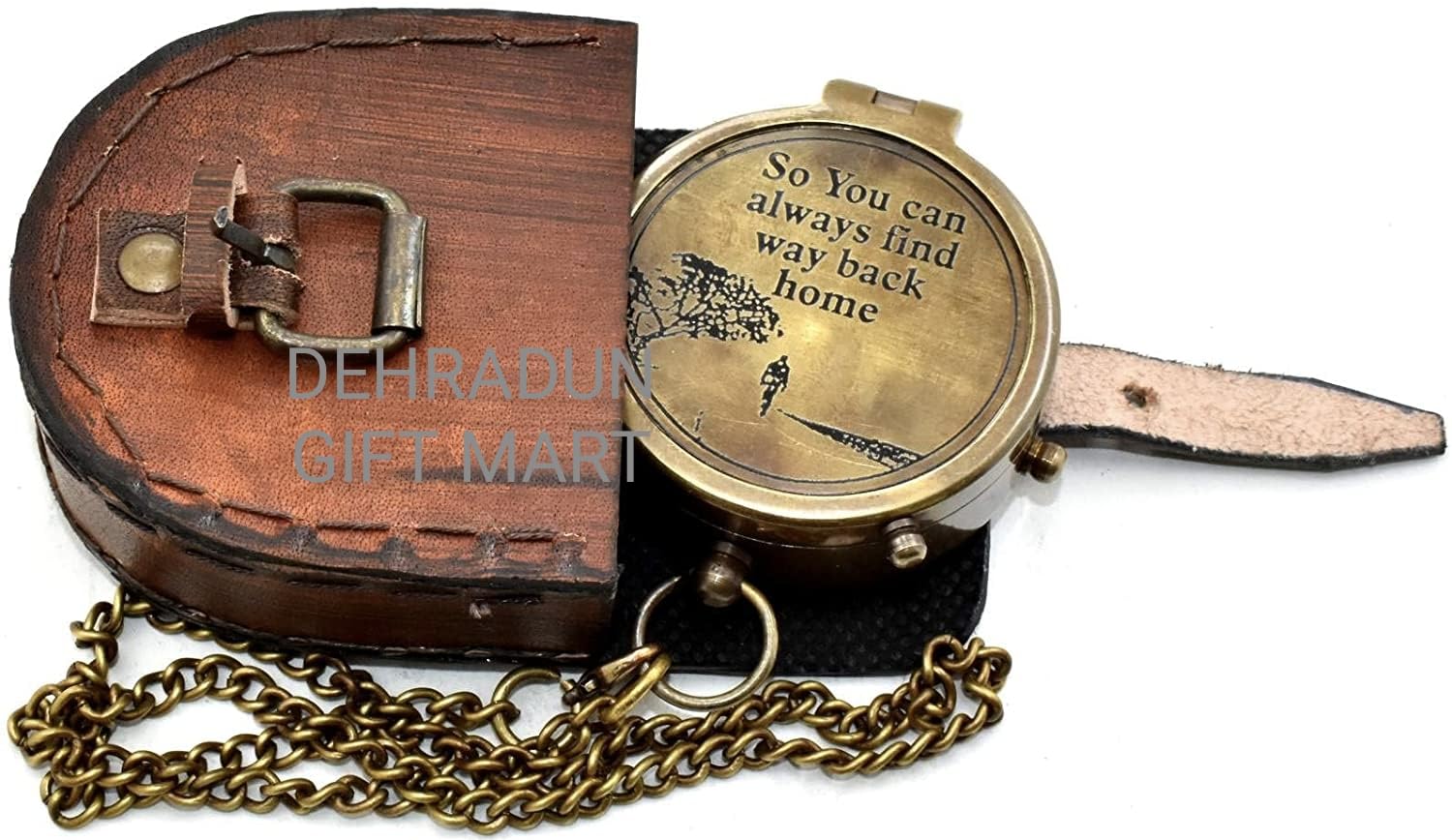 Bussola in ottone con incisione "So You Can Always Find Your Way Back Home" con scatola in legno e catena, bussola tascabile ispiratrice nautica per escursionismo, campeggio, viaggi