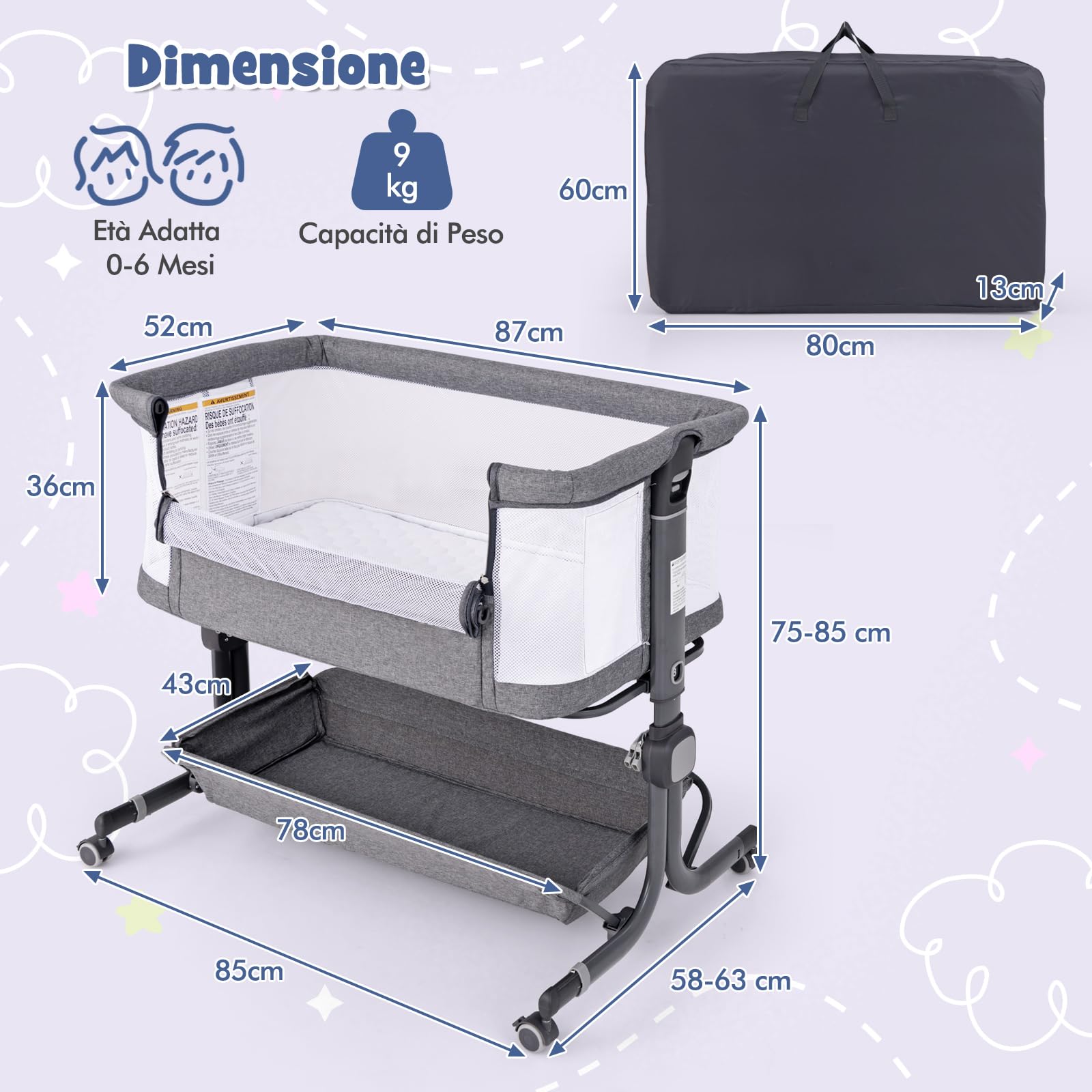 RELAX4LIFE Cuna Colecho Bebé con 6 Alturas Ajustables, Colchón, Cesta de Almacenamiento y Ruedas Bloqueables, Cunas para Bebés con Bolsa de Transporte para Bebes 0-6 Meses (Gris)