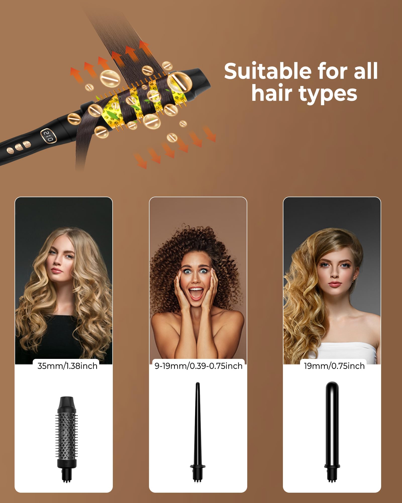 UKLISS Thermal Brush 3 en 1 Fer à Friser 9mm/19mm/28mm Curling Wand Brosse Thermique Hair Curler