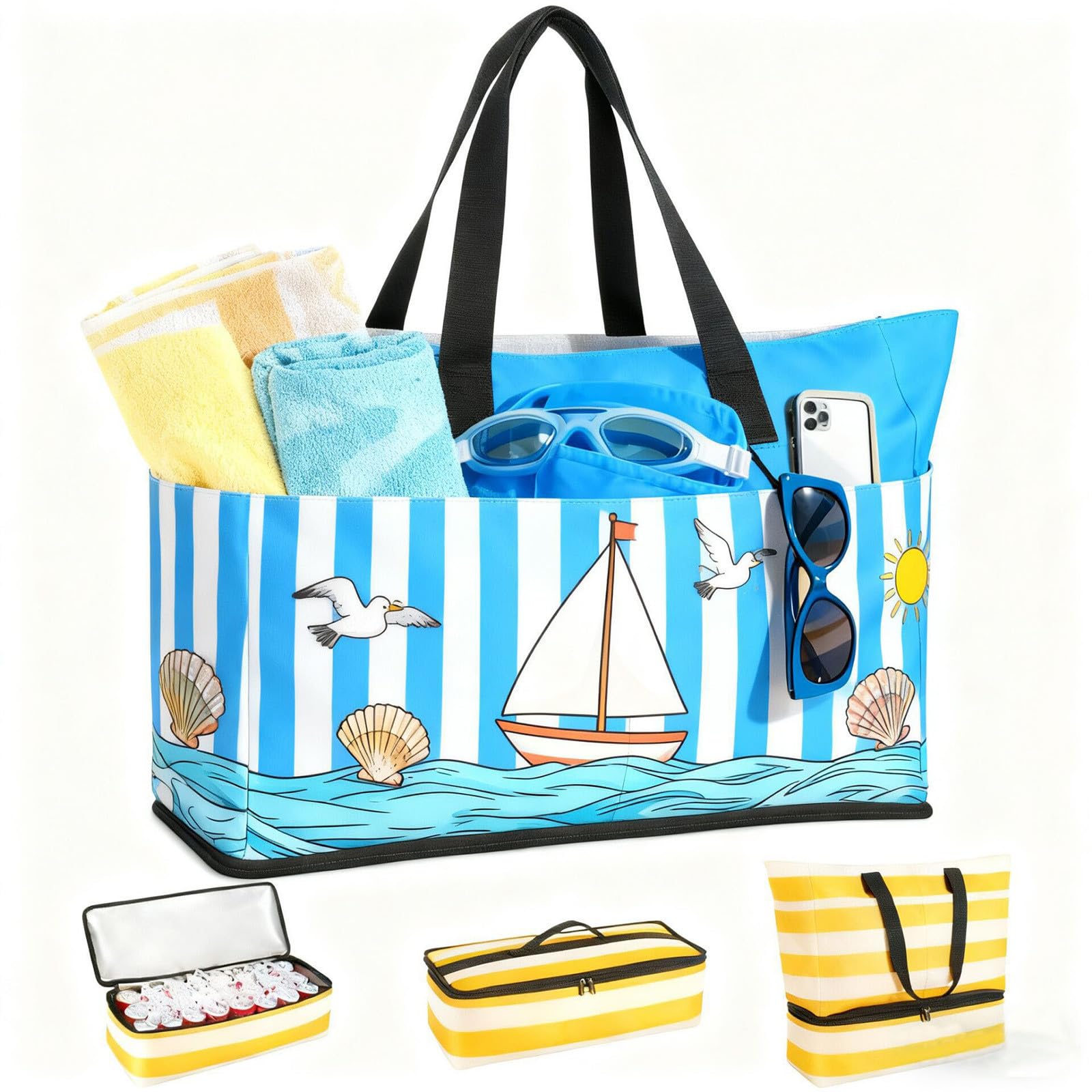 Generico Borsa Mare Grande Famiglia in Oxford a Strato Piccoli Oggetti Borsa Spiaggia Impermeabile Leggera con Cerniera Tote Bag a Tracolla Casual Elegante per Viaggio Shopping Campeggio,
