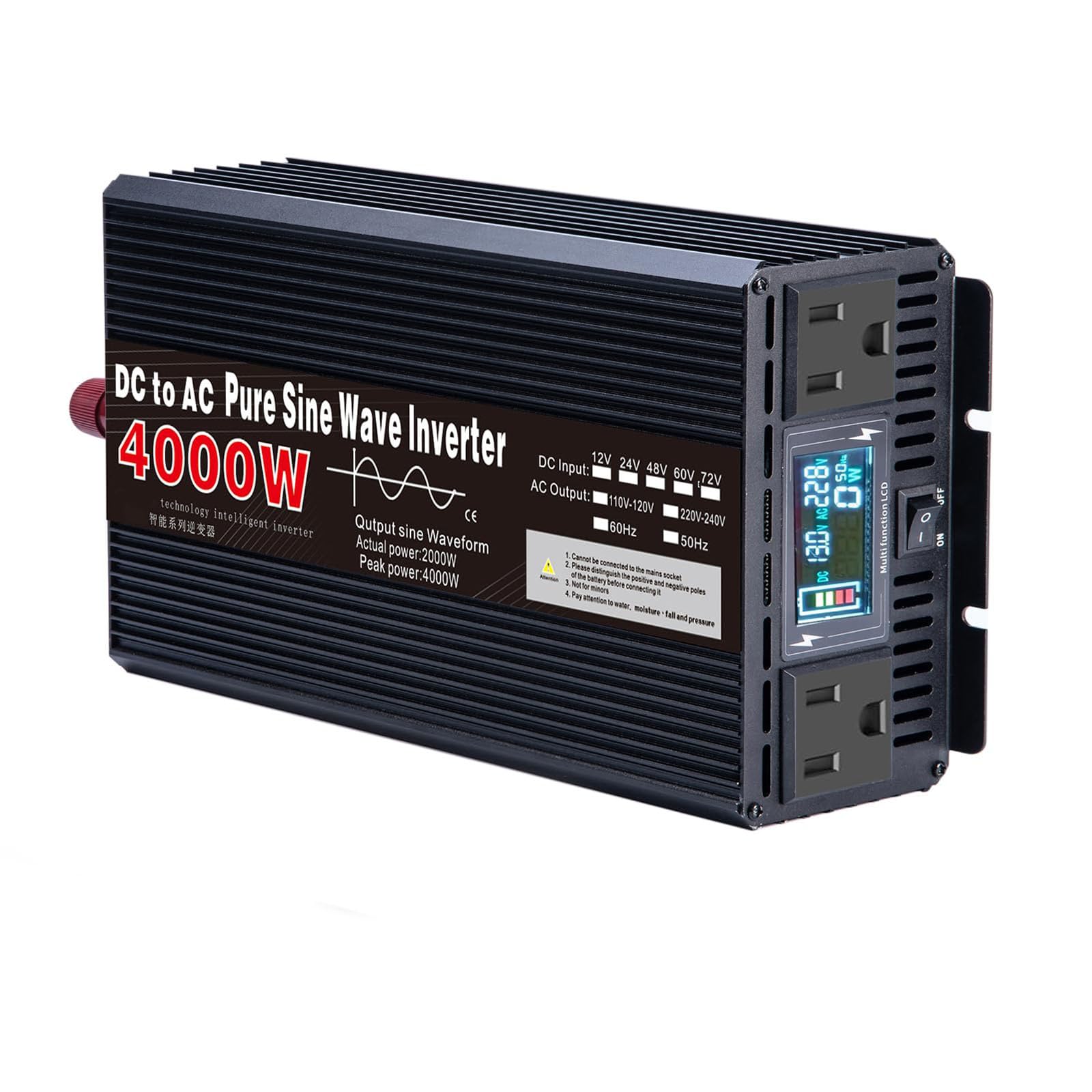 4000W czysty sinusoidalny falownik samochodowy, przetwornik 12V/24V/48V/60V/72V DC na 110V/220V do ciężarówki, domu, kampera, poza siecią solarny falownik przetwornik