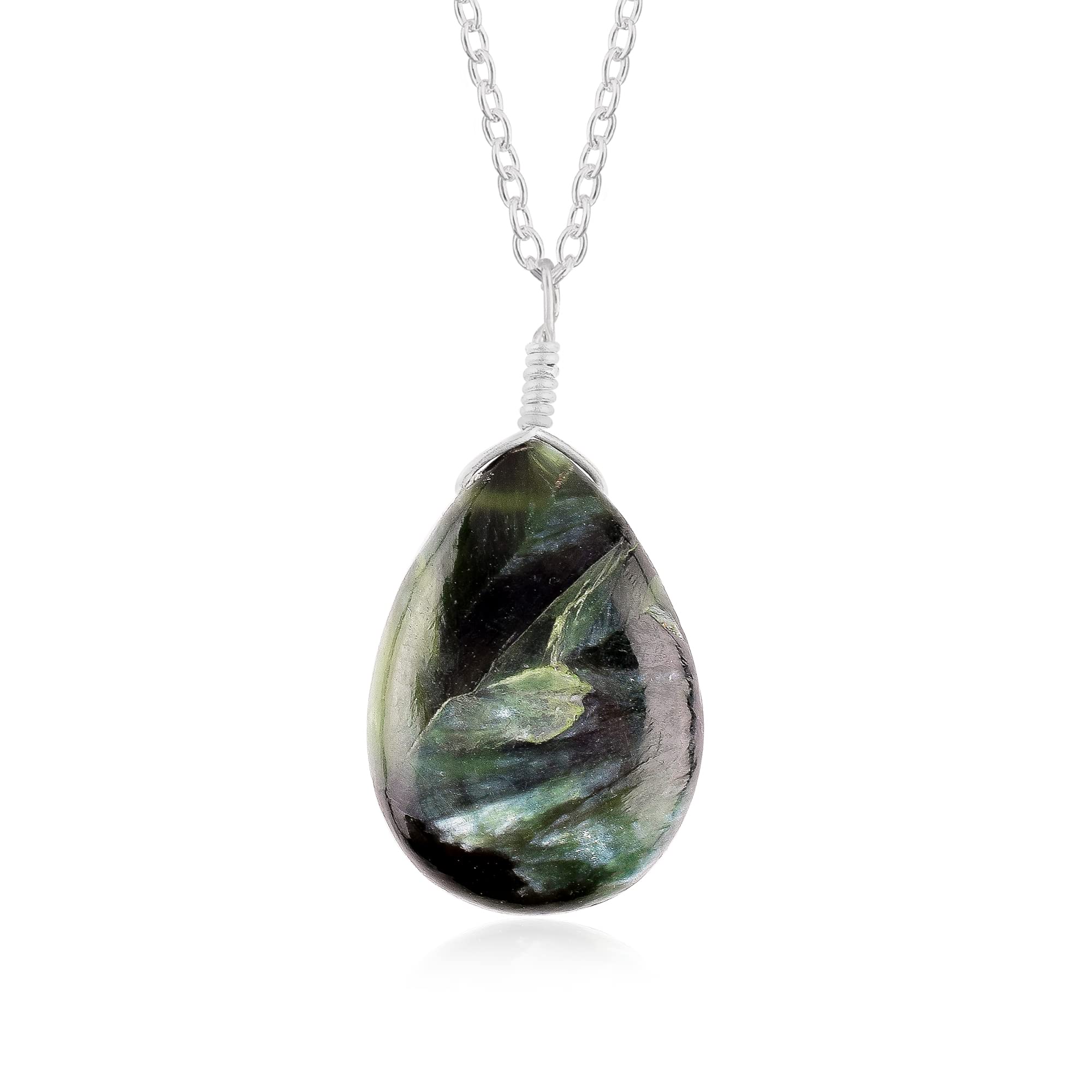 HandmadeNatural Seraphinite Crystals Pendant Necklace, Pear Cabochon Gemstone, Energy Healing Crystals, Birthday, Gift for Her, Gemstone Jewelry 18 inch AAA+ Quality (Seraphinite B)