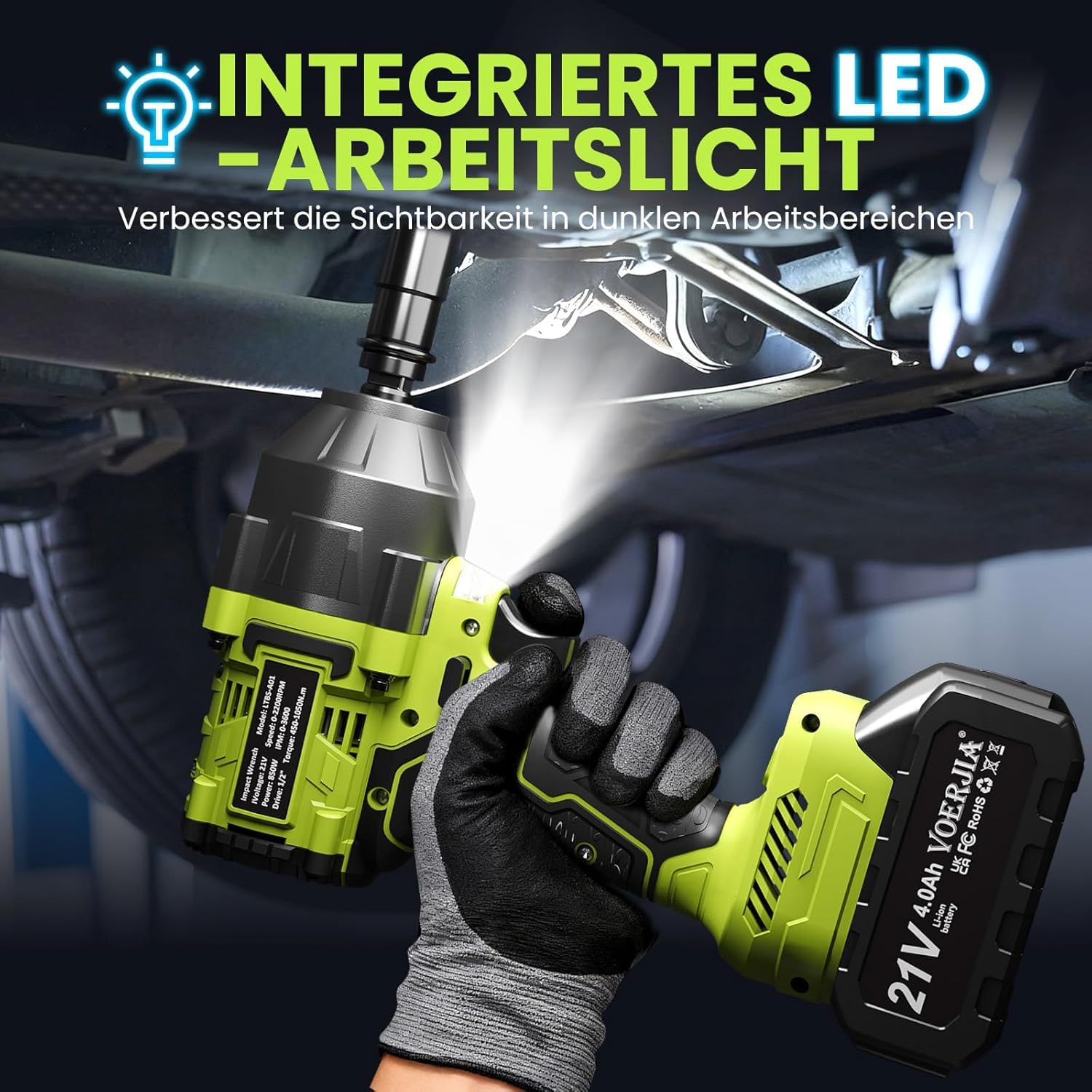 VOERJIA Akku Schlagschrauber 1000Nm - 21V Bürstenloser Drehschlagschrauber (1050Nm Lösemoment) mit 2x 4.0Ah Akku, 1/2 Zoll Impact Wrench Set für LKW, PKW, Traktor & Reifenwechsel, inkl. 5 Stecknüssen