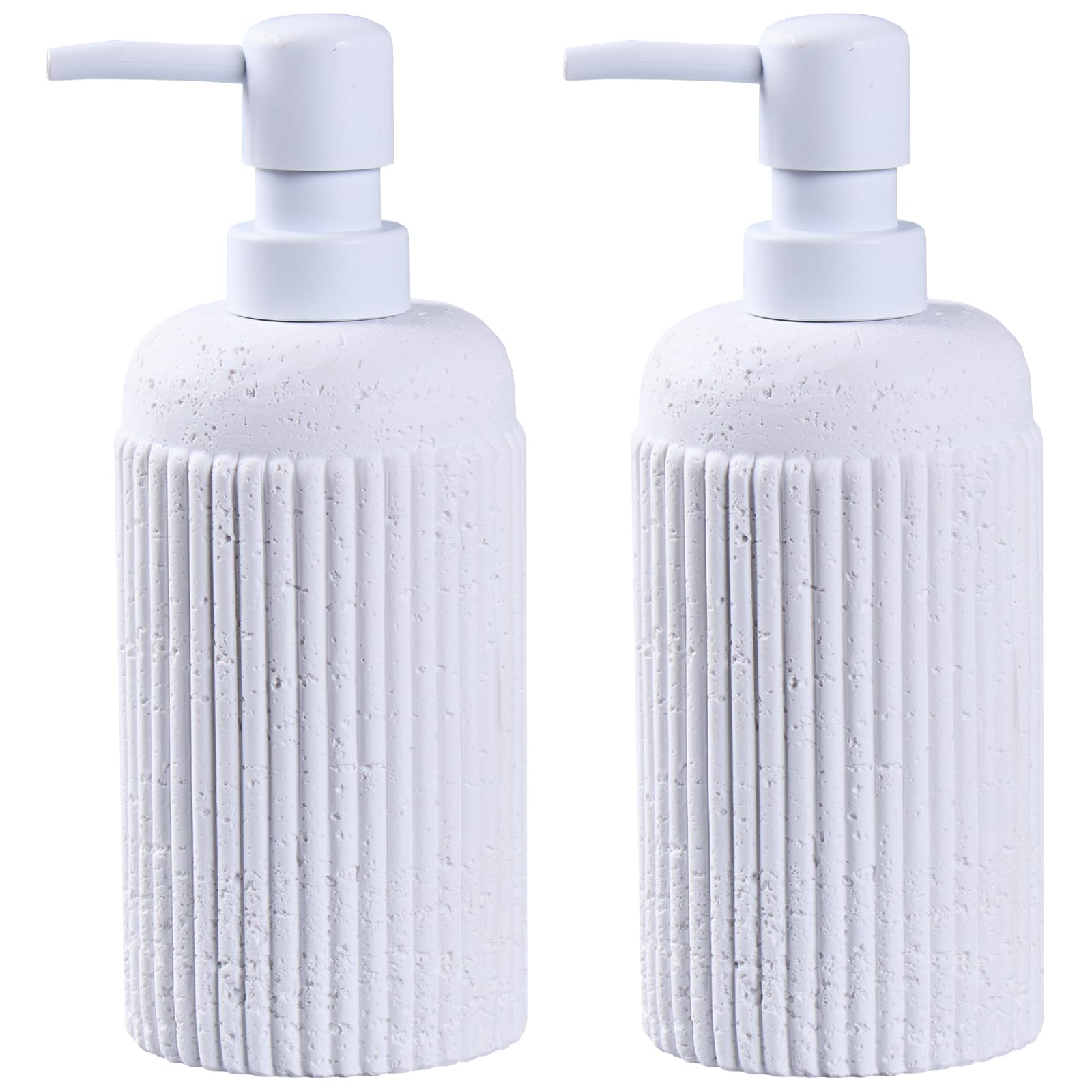 2Pcs White Natural Travertine Textures Hand Soap Dispenser Set, Small Bathroom Countertop Resin Liquid Soap Dispensers, Kitchen Dish Wash Soap Dispensers,Refillable Dispenser with Vertical Stripe