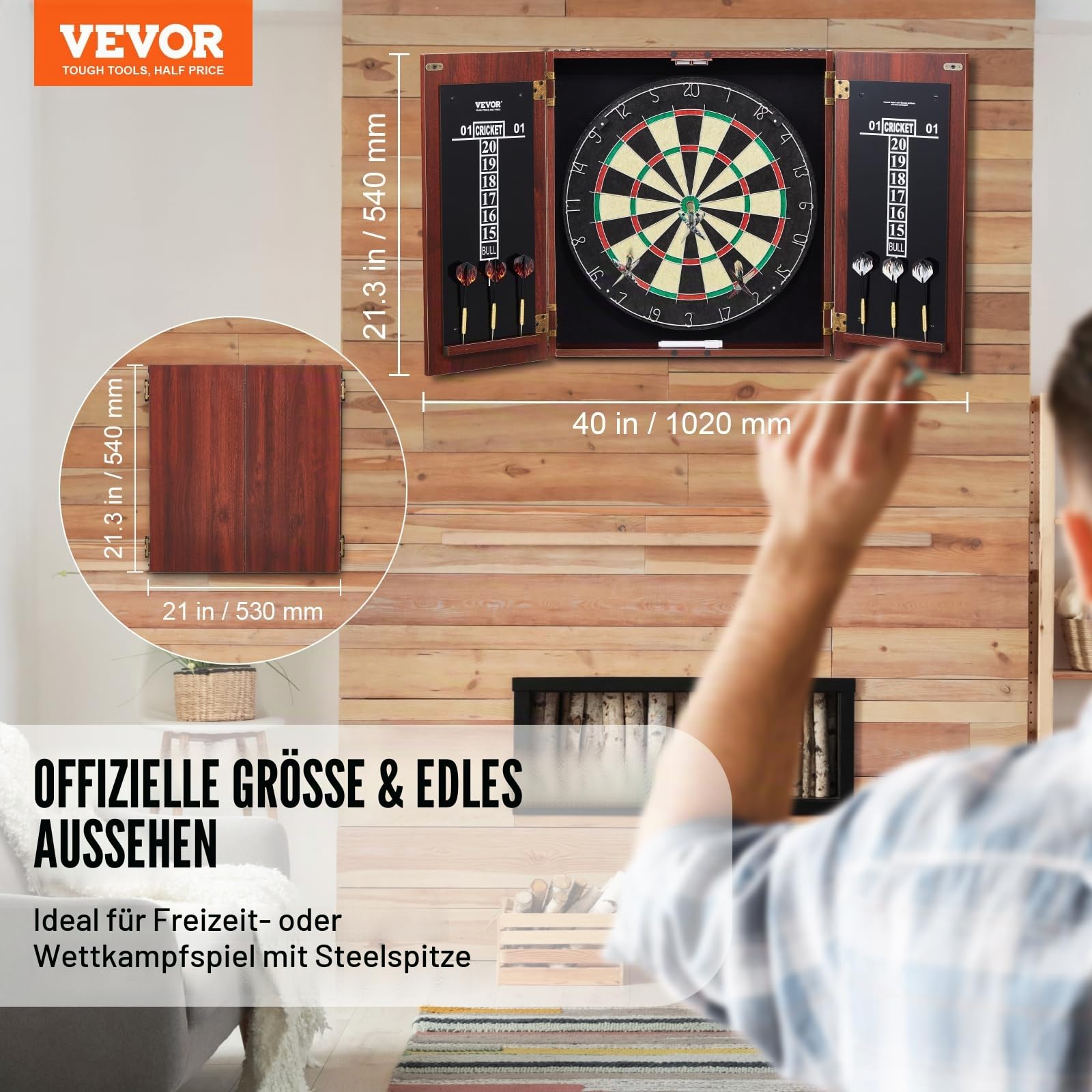 VEVOR Dartboard- und Schrankset Dartboard-Schrank in offizieller Größe, Dartscheibe 45 x 3,8 cm versteckbarer Dartschrank mit Stahlspitzen, komplett mit sämtlichem Zubehör, für Cricket-Spiele