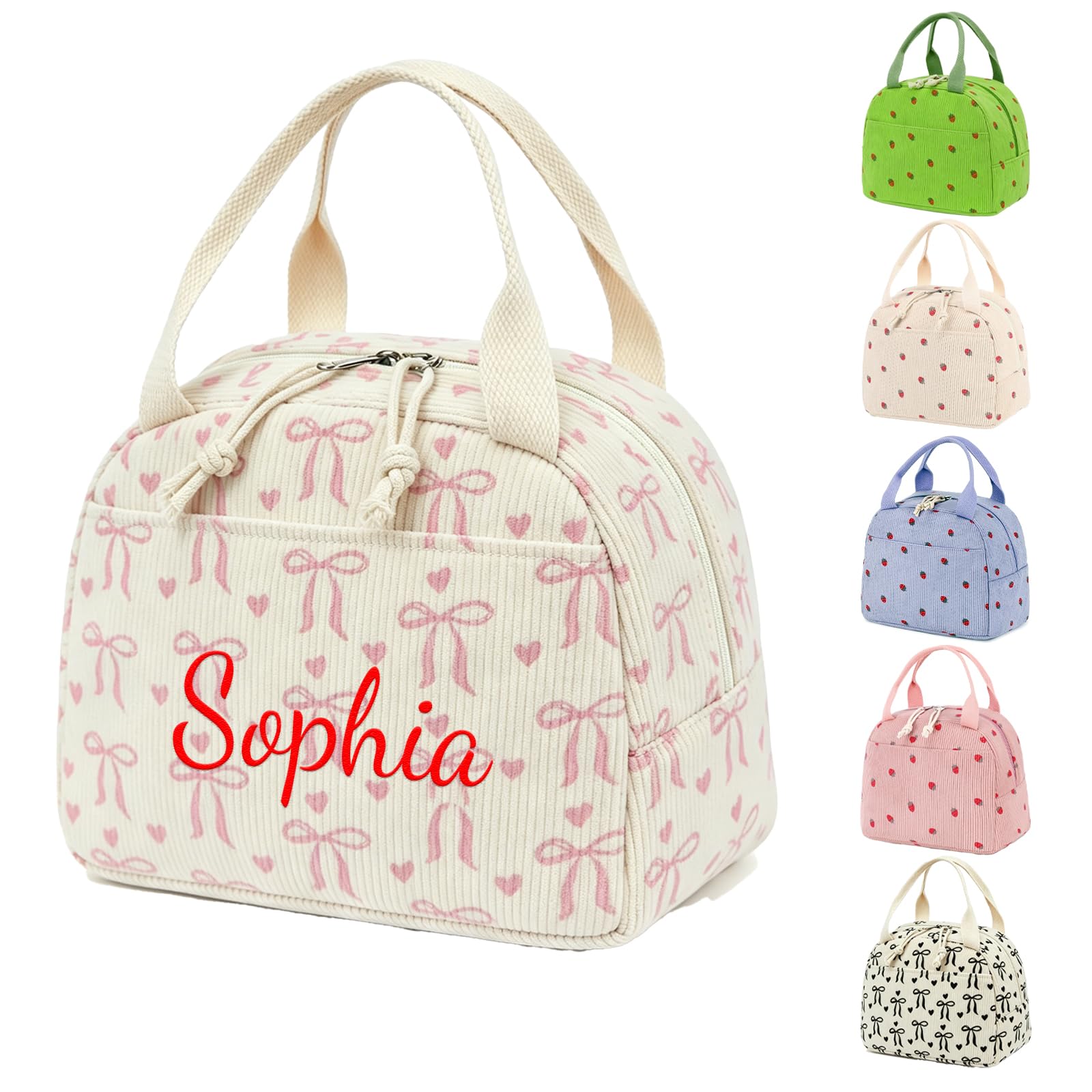 Personalised Embroidery Lunch Bag, Customizable Name Corduroy Lunch Box, 25.4x19x18cm, 9.5L, Double Zipper, for Women & Kids, Work School Picnic