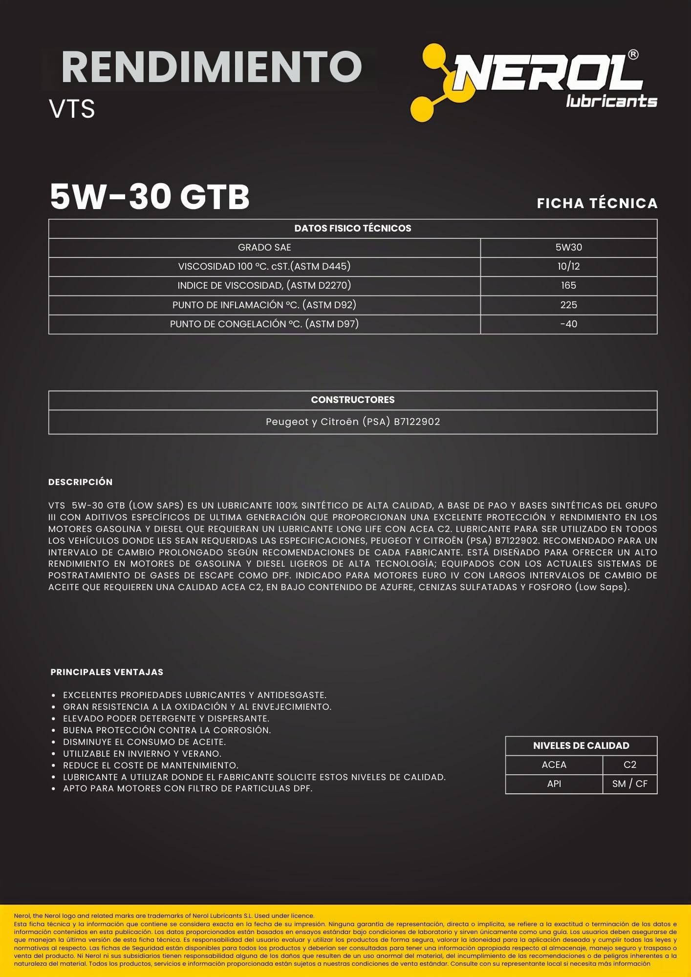 NEROL Aceite de Motor 100 % Sintético Para Coche 4T Performance VTS - GTB 5W-30 API SM/CF ACEA C2, PSA B7122902, 5 Litros Lubricante Vehículos, Pao, Aditivos Última Generación (5 L)