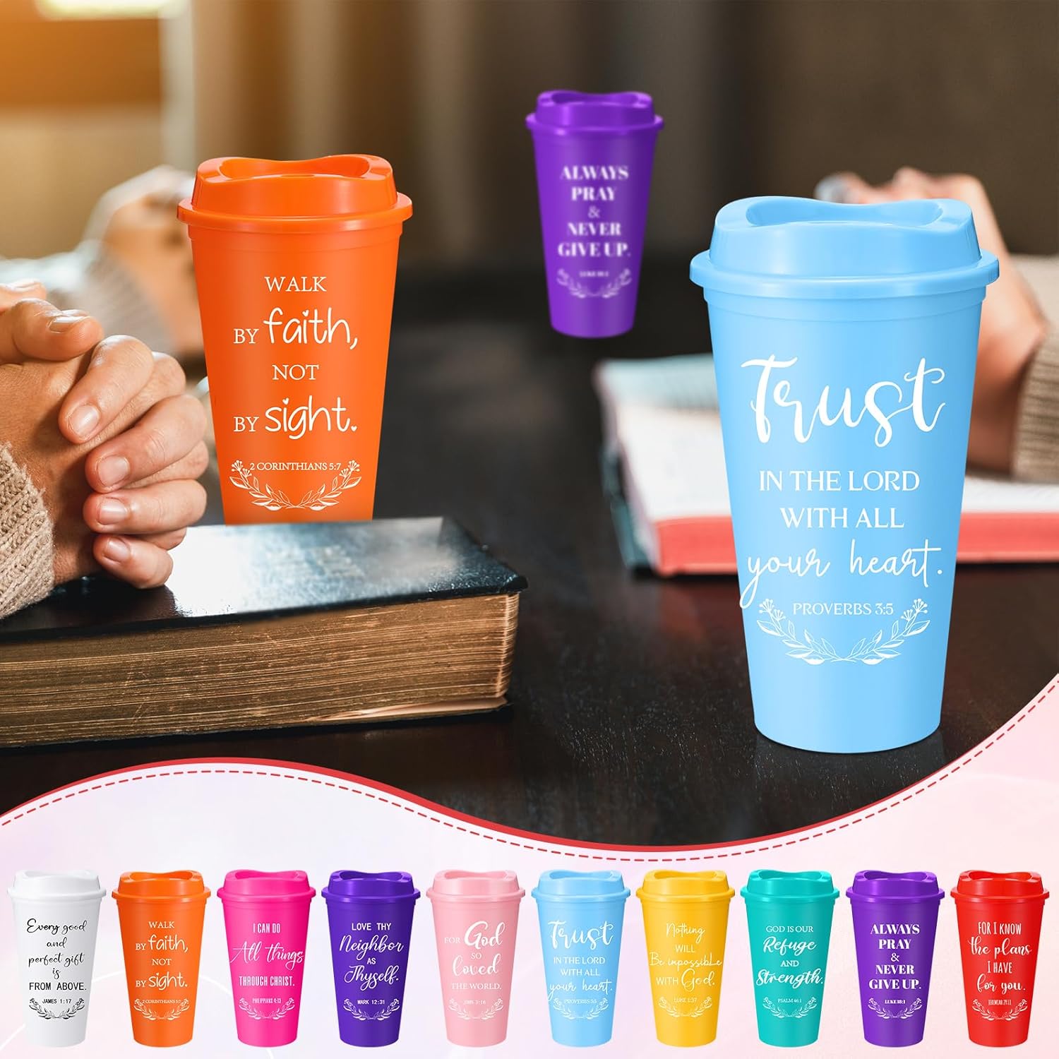 LemonRoad 40 Sets Christian Gifts Bulk 16oz Reusable Bible Verse Coffee Cups with Lids Cards and Gift Bags Inspirational Religious Gifts for Church Party (Bright Color) - Image 7